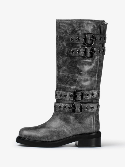 Distressed Black Square-Toe Wide Mid Calf Boots With Buckles And Eyelets