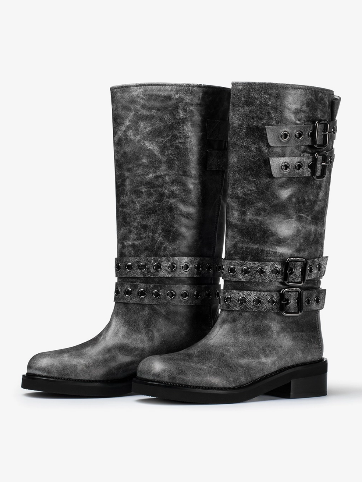 Distressed Black Square-Toe Wide Mid Calf Boots With Buckles And Eyelets