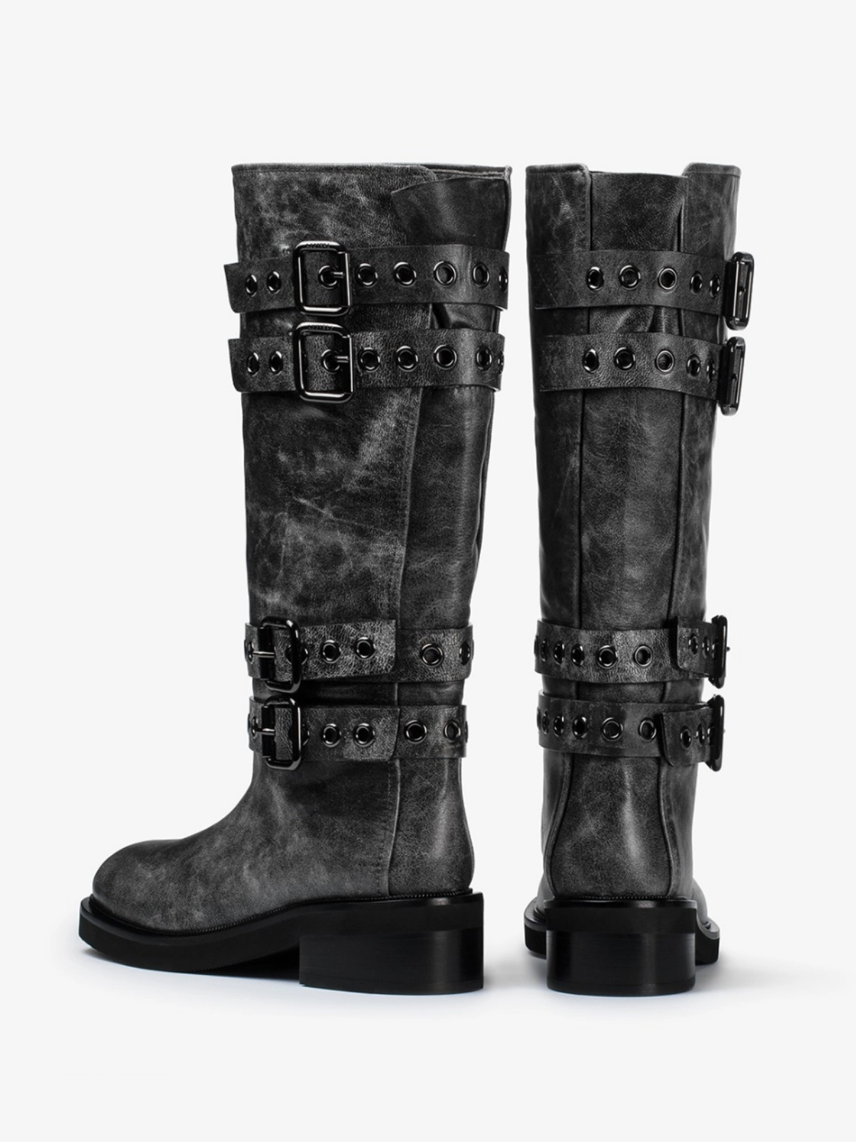 Distressed Black Square-Toe Wide Mid Calf Boots With Buckles And Eyelets