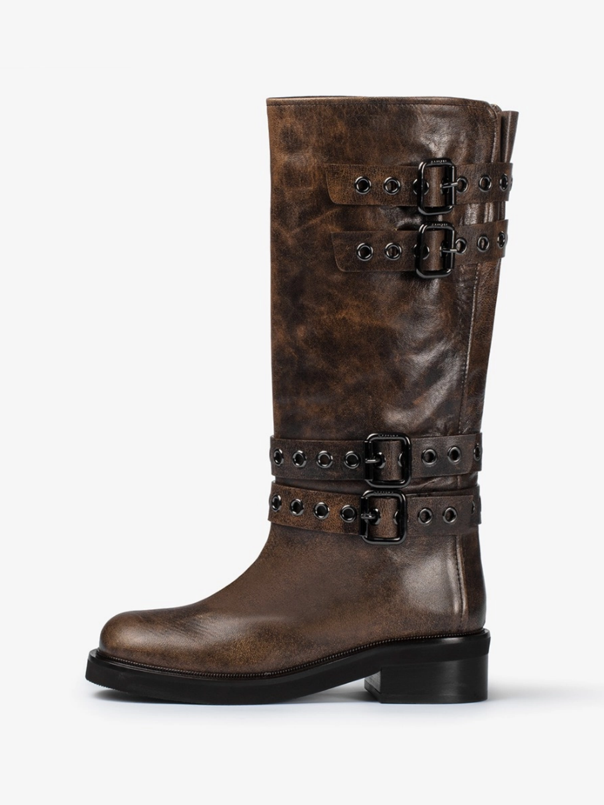 Distressed Brown Square-Toe Wide Mid Calf Boots With Buckles And Eyelets