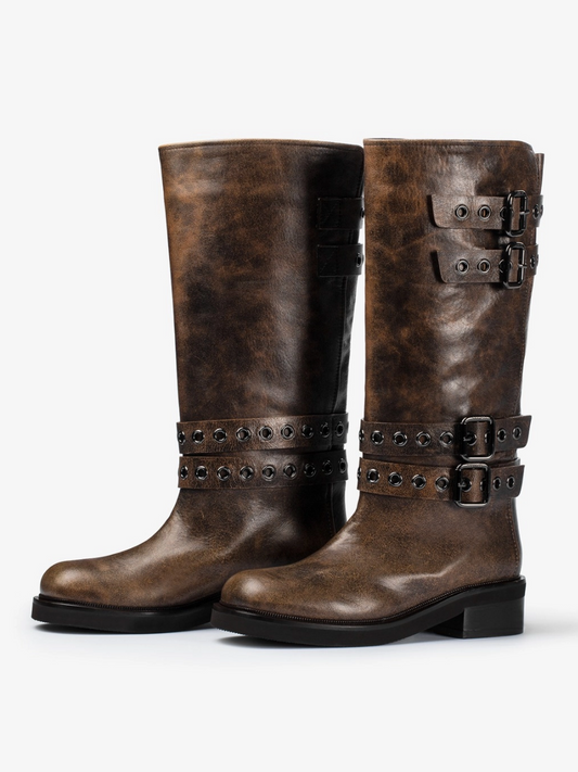 Distressed Brown Square-Toe Wide Mid Calf Boots With Buckles And Eyelets