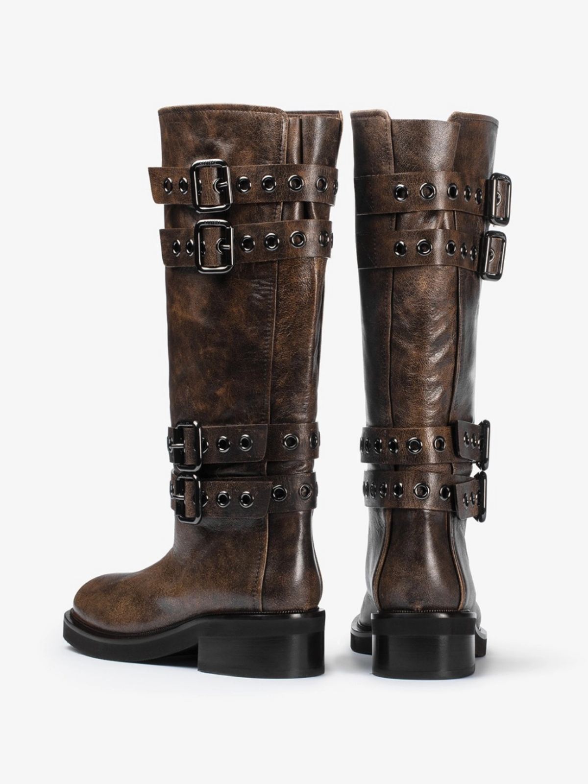 Distressed Brown Square-Toe Wide Mid Calf Boots With Buckles And Eyelets