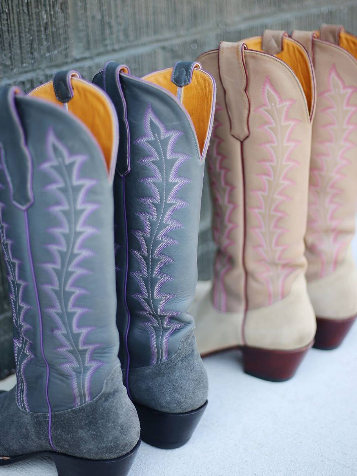 Contrast Purple And Gray Faux Suede Embroidery Almond-Toe Wide Mid Calf Tall Cowgirl Boots