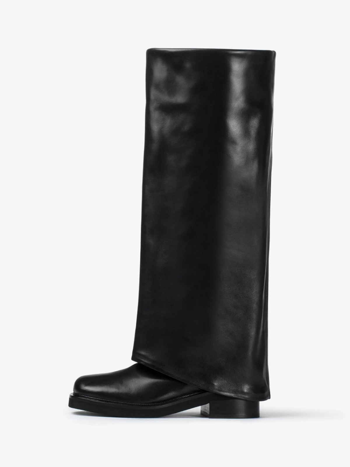 Black Square-Toe Fold-Over Wide Calf Tall Knee High Cowgirl Boots