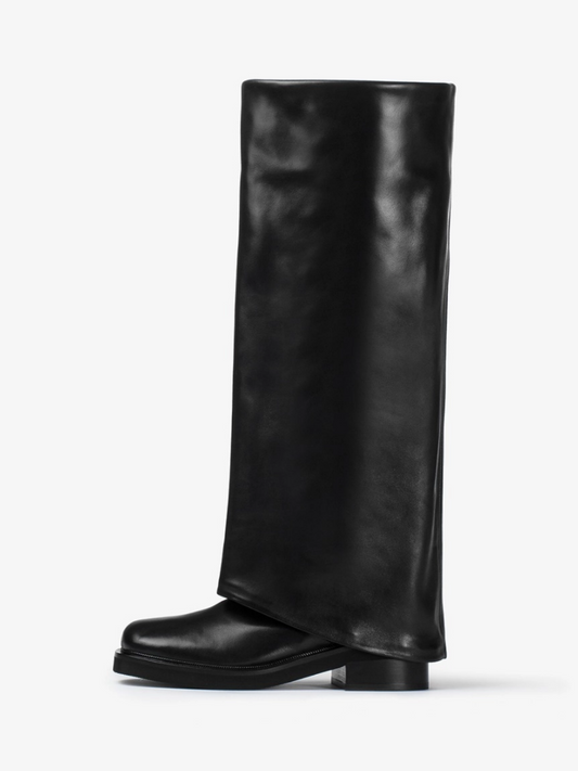 Black Square-Toe Fold-Over Wide Calf Tall Knee High Cowgirl Boots