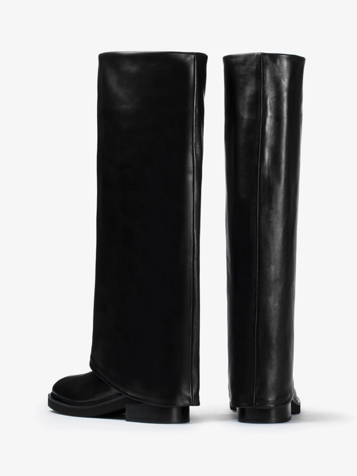 Black Square-Toe Fold-Over Wide Calf Tall Knee High Cowgirl Boots