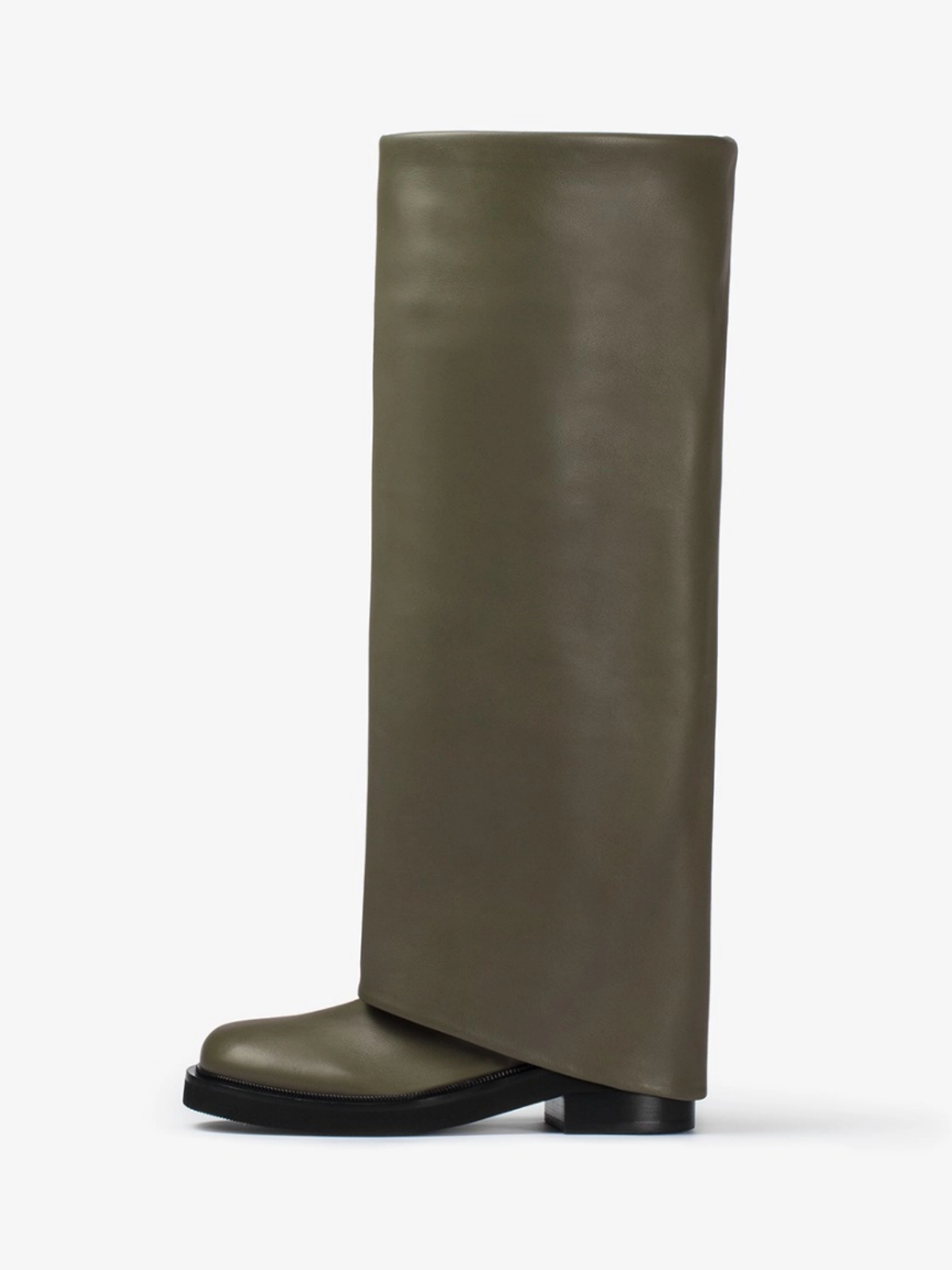 Khaki Square-Toe Fold-Over Wide Calf Tall Knee High Cowgirl Boots