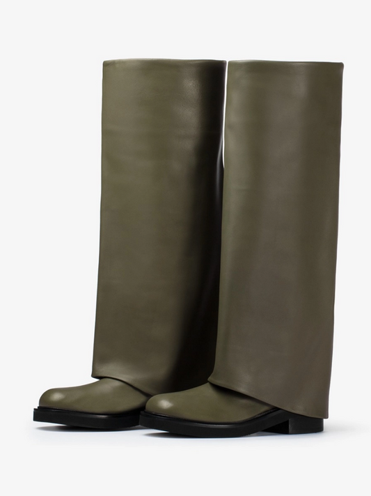 Khaki Square-Toe Fold-Over Wide Calf Tall Knee High Cowgirl Boots