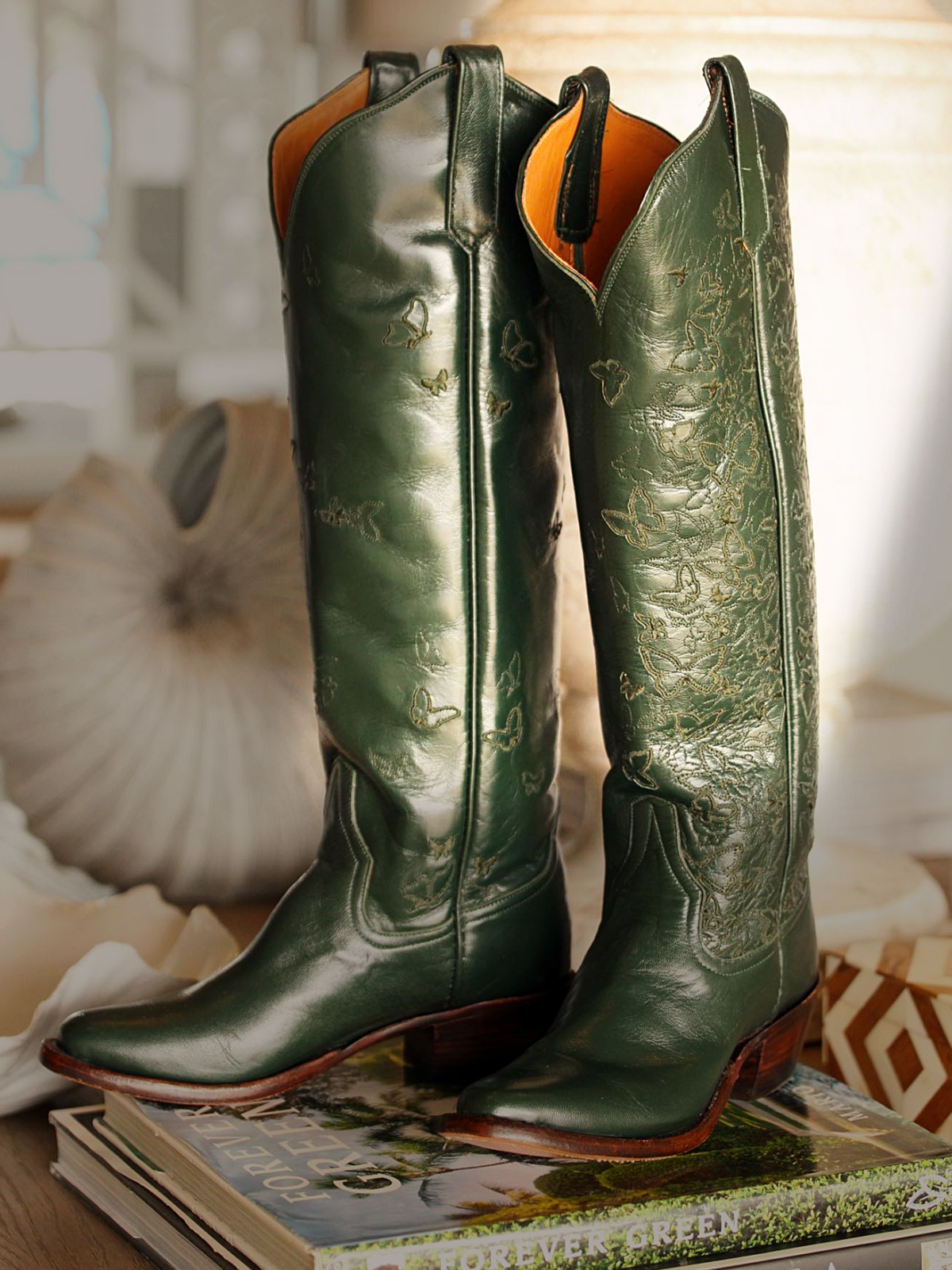 Dark Green Round-Toe Butterfly Embroidery Wide Calf Knee High Tall Cowgirl Boots