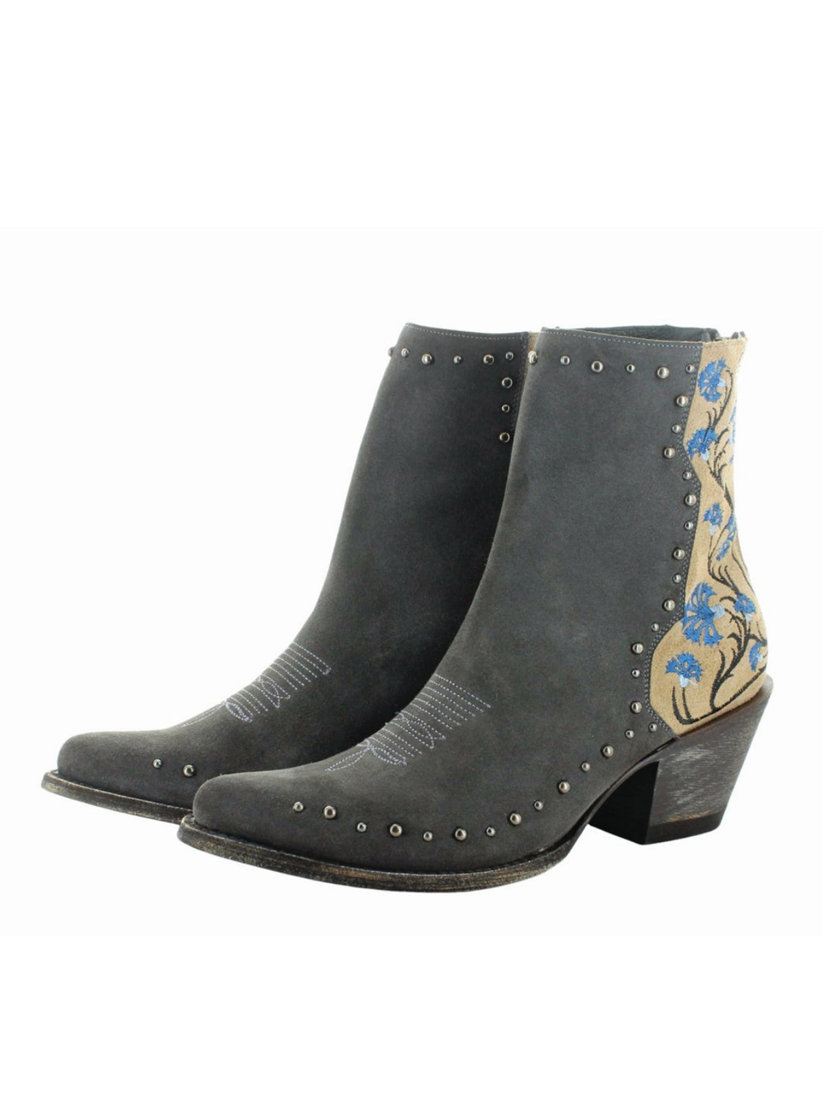 Contrast Dark Gray Faux Suede And Beige With Floral Embroidery Studded Wide Mid Calf Cowgirl Boots