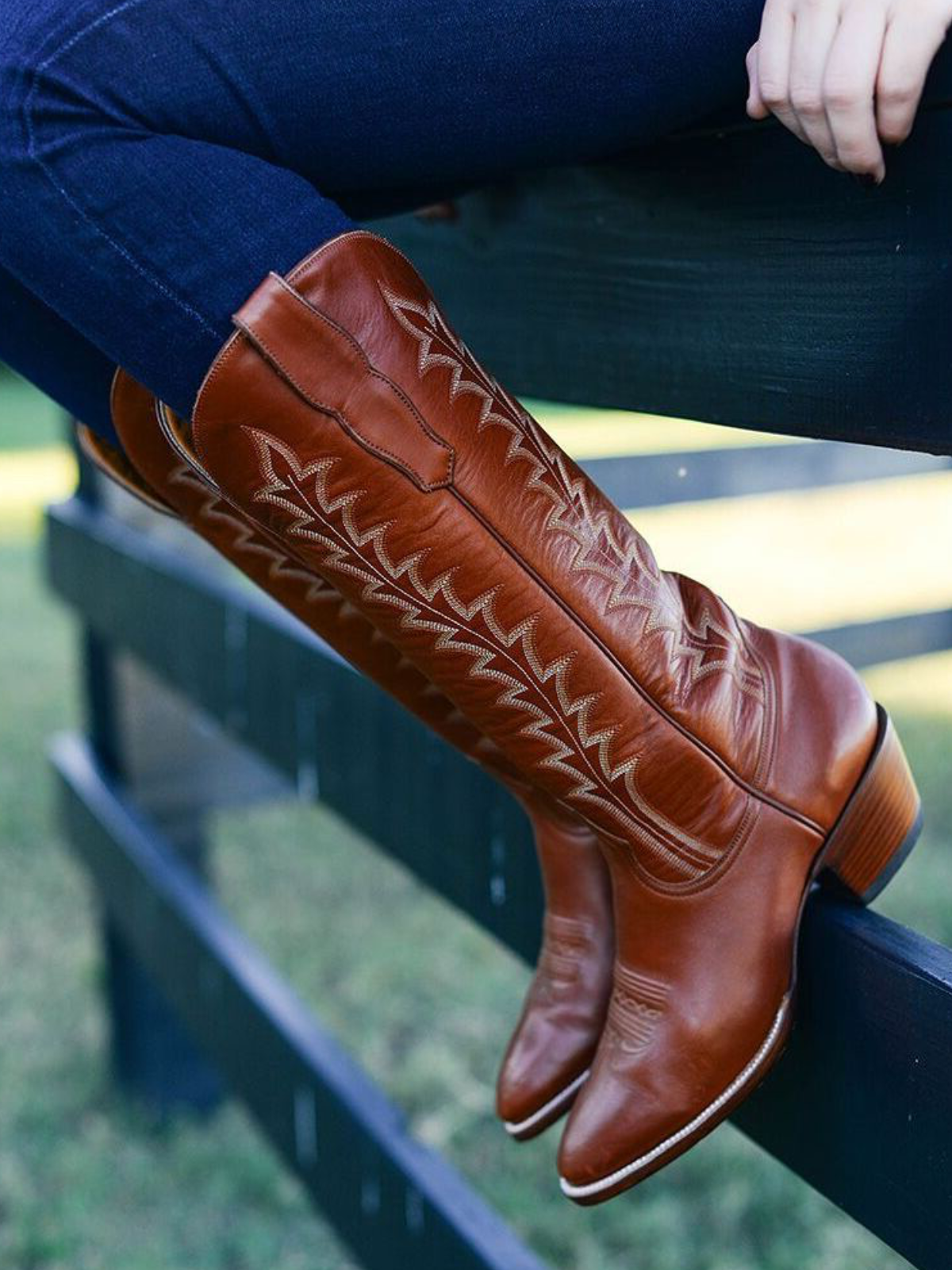 Cinnamon Brown Vegan Leather Embroidery Almond-Toe Wide Mid Calf Tall Cowgirl Boots