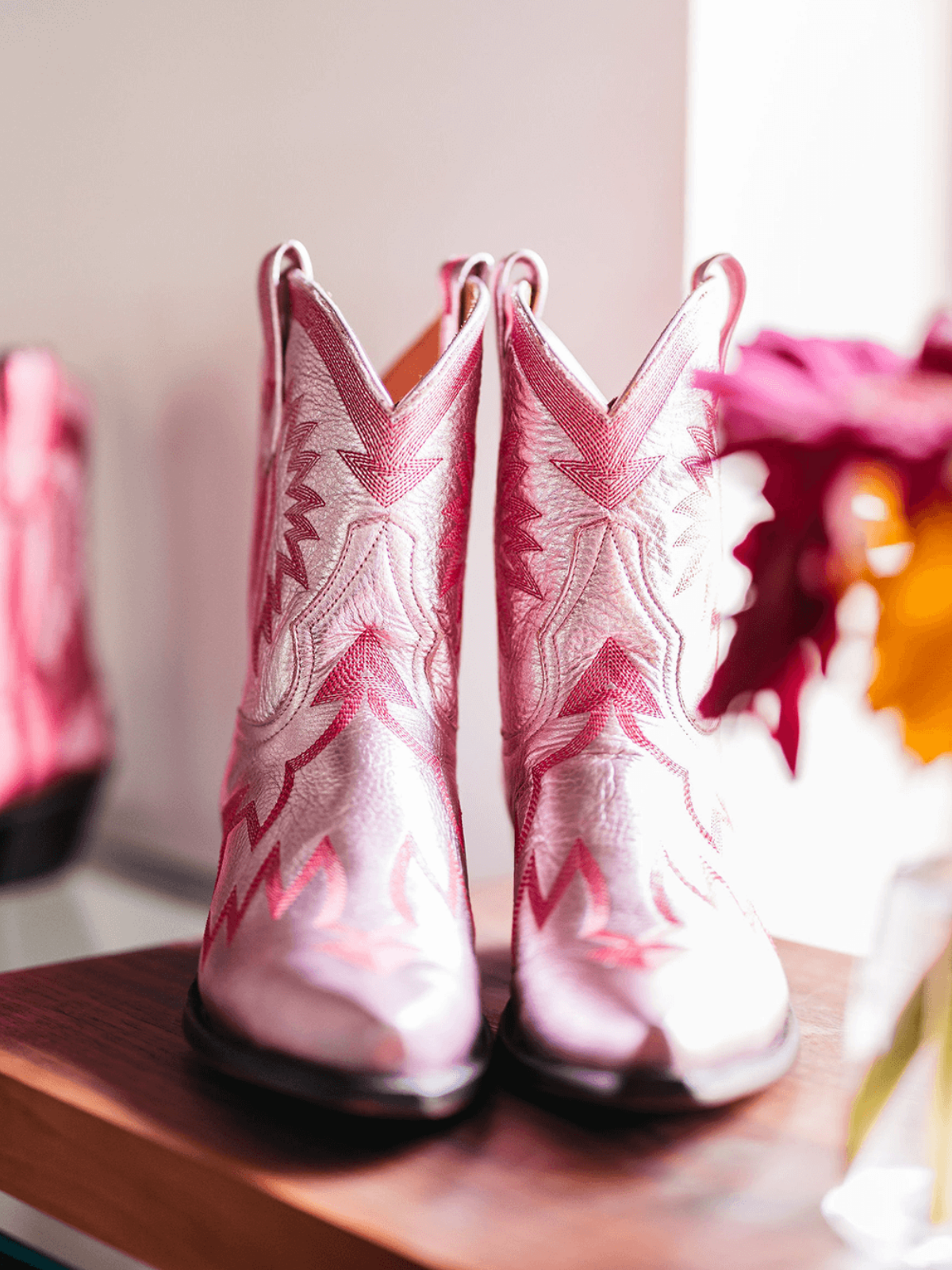 Metallic Embroidery Snip-Toe Wide Mid Calf Cowgirl Boots - Light Pink