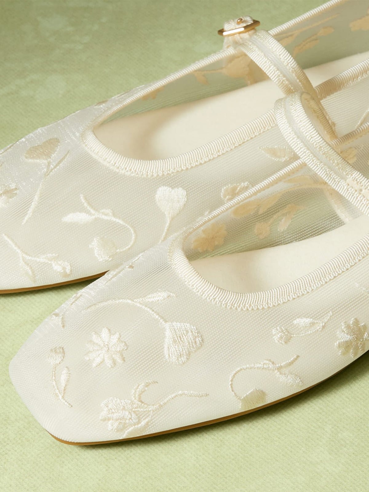 Mesh And Satin Square-Toe Floral Embroidery Mary Jane Flats - Cream
