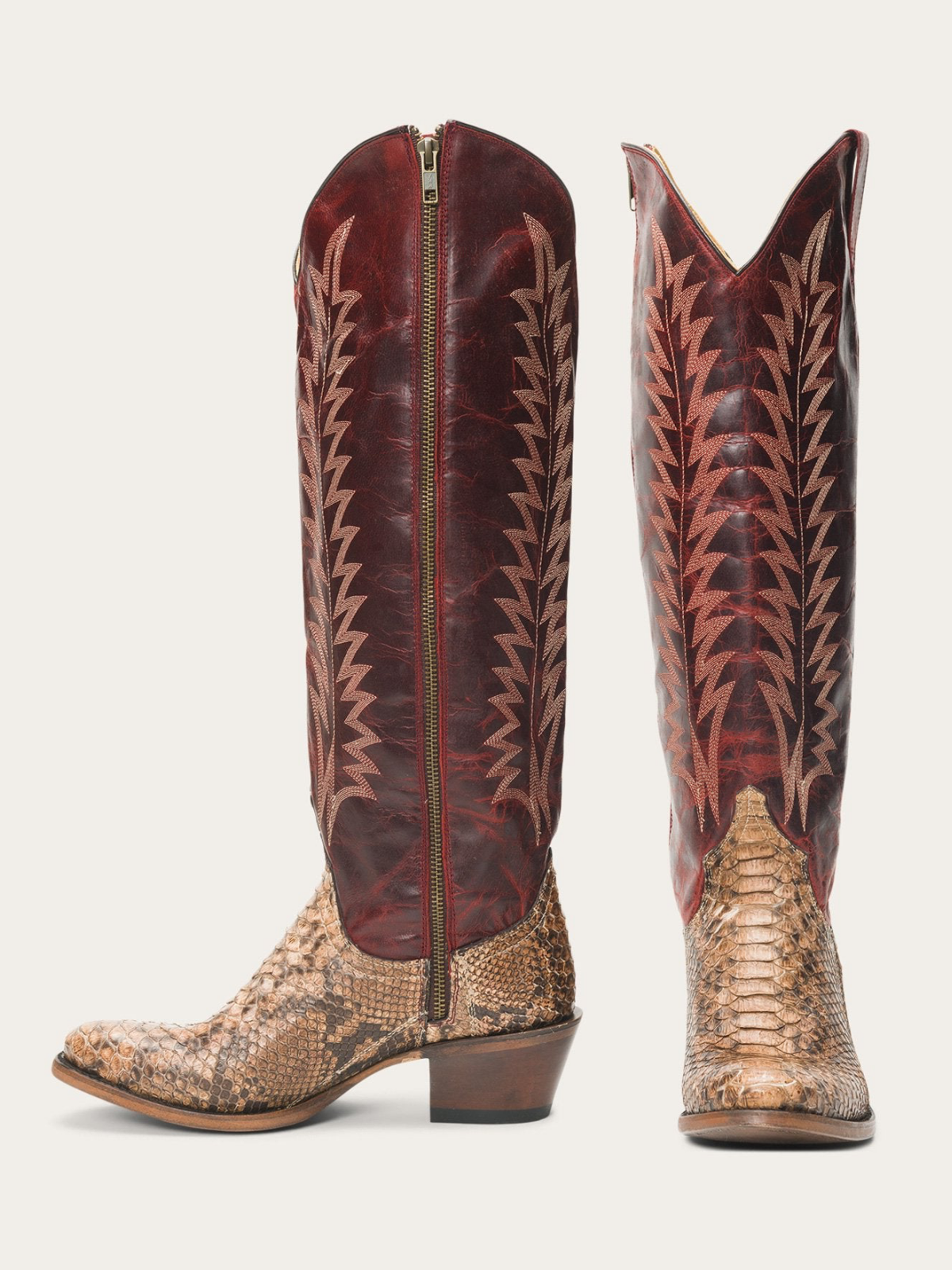 Contrast Red And Snakeskin Round-Toe Embroidery Full-Zip Mid Calf Cowgirl Boots