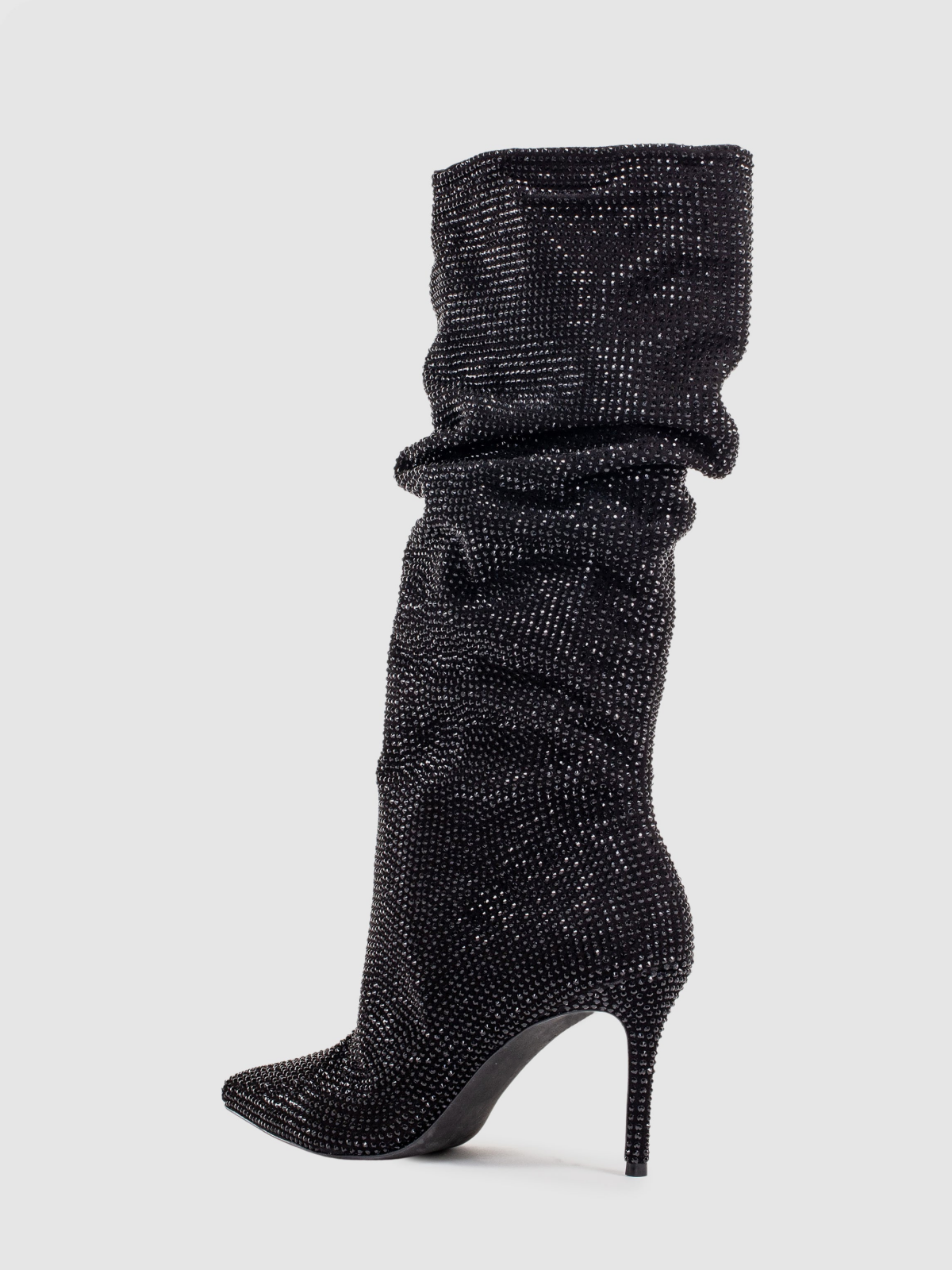 Black Faux Suede Pointed-Toe Crystal Slouchy Wide Mid Calf Stiletto Boots