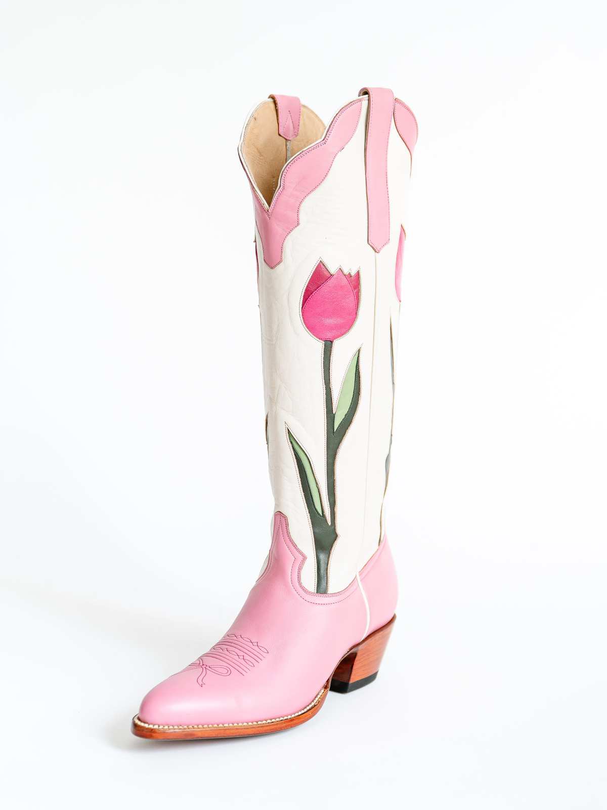 Contrast Pink And Ivory Almond-Toe Tulip Inlay Wide Calf Knee High Cowgirl Boots