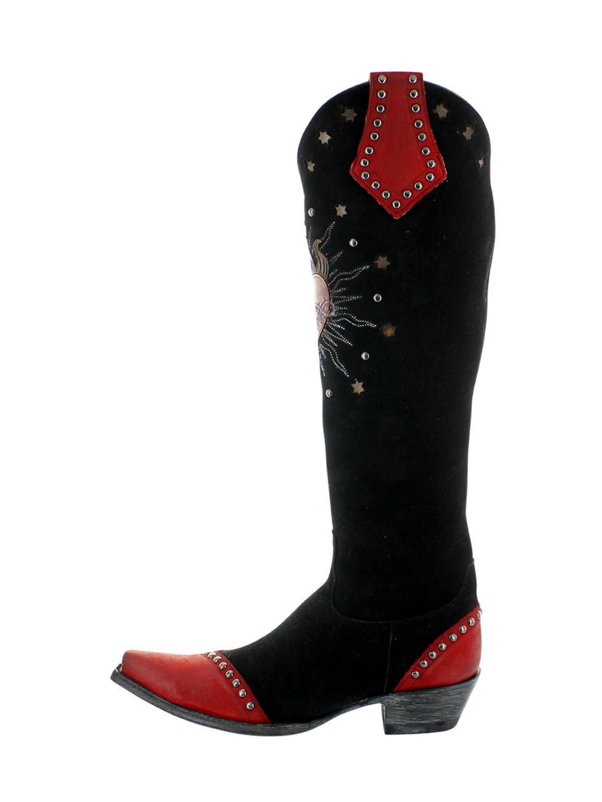 Contrast Black And Studded Red Snip-Toe Fire Heart Applique Star Inlay Wide Calf Knee High Cowgirl Boots