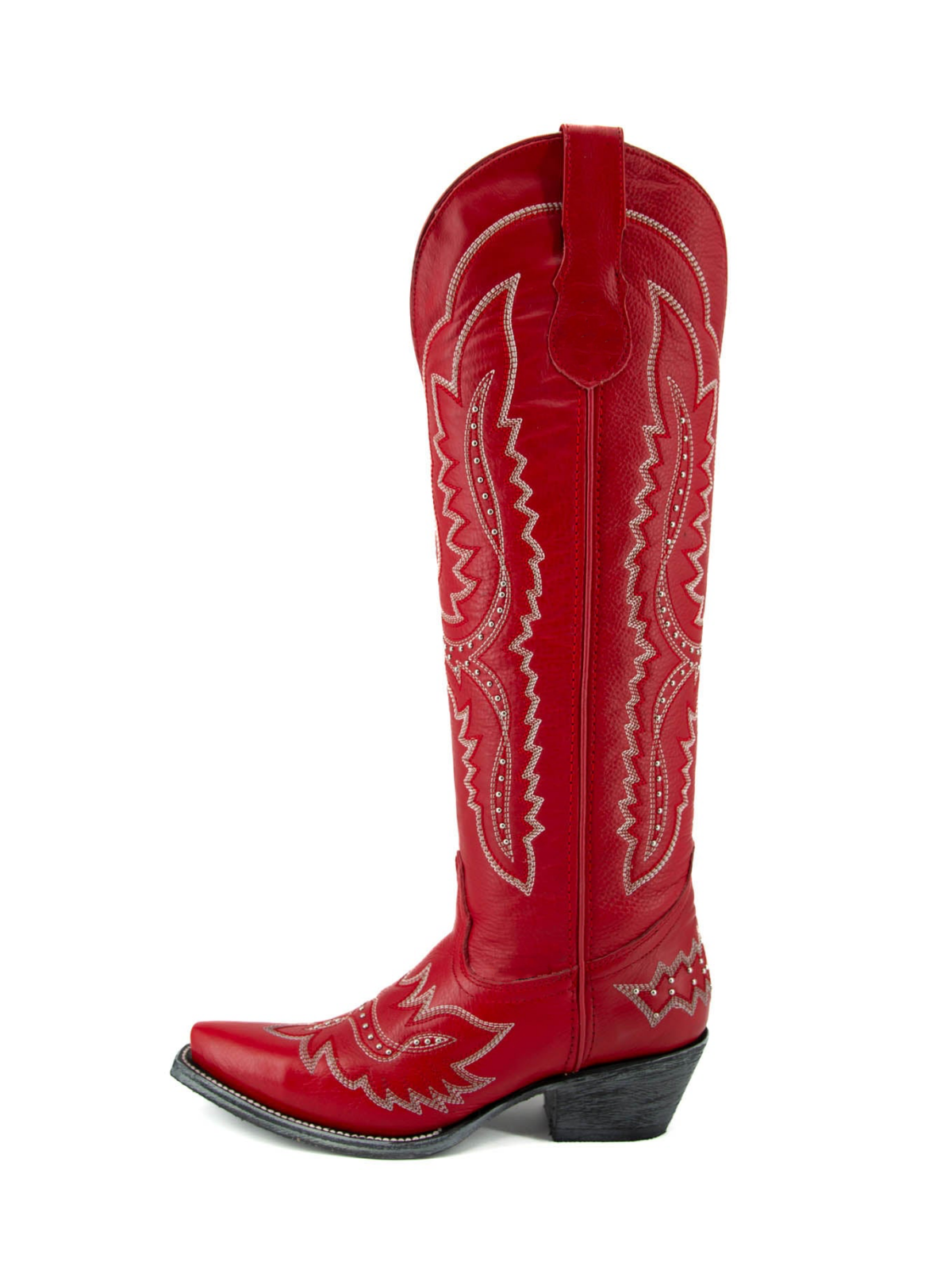 Red Studded Embroidery Snip-Toe Half-Zip Cowgirl Knee High Tall Boots