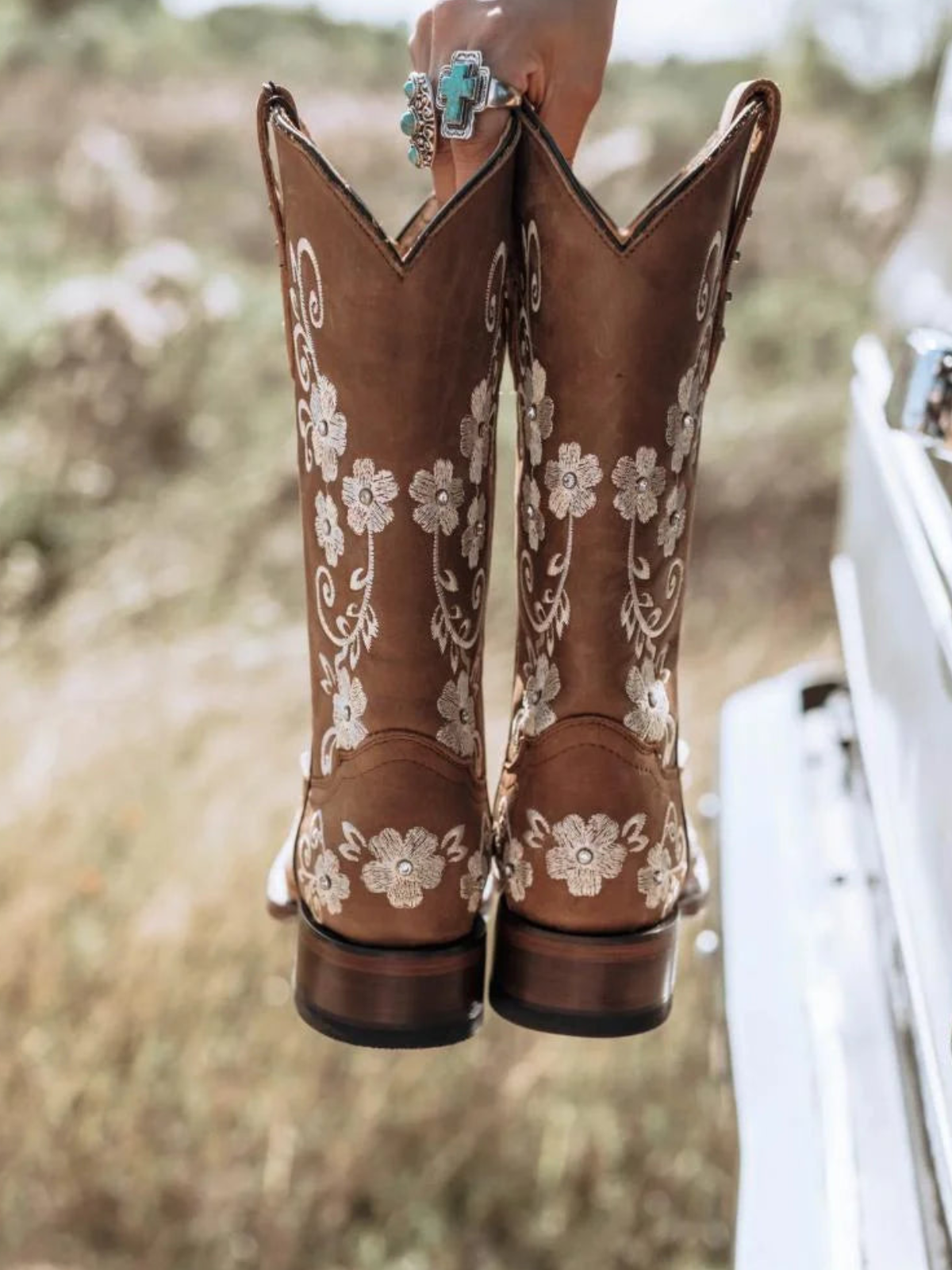 Brown Floral Embroidery Rhinestone Square-Toe Wide Mid Calf Cowgirl Boots