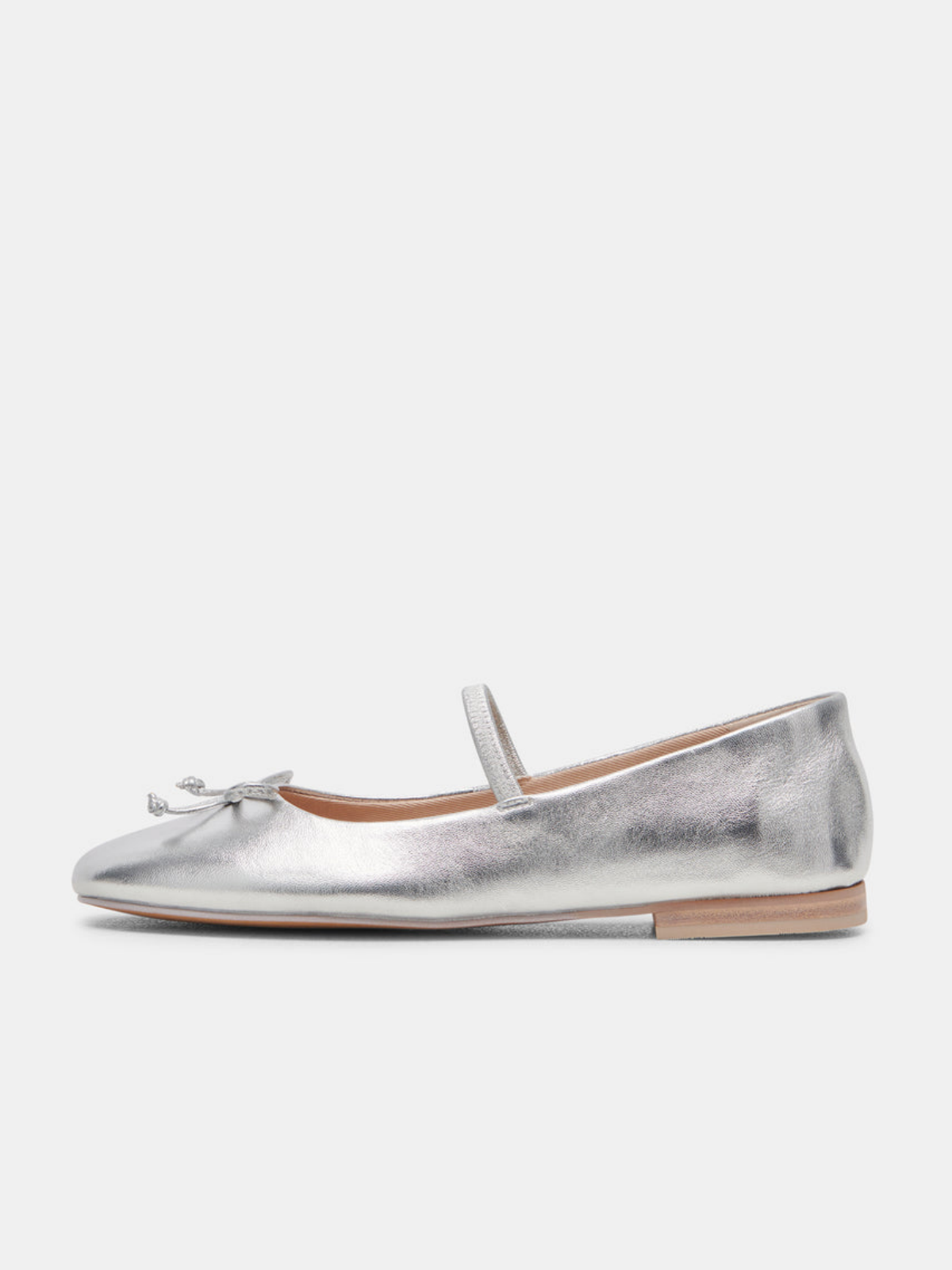 Metallic Silver Bow Round-Toe Ballet Flats Elastic Strap Mary Janes