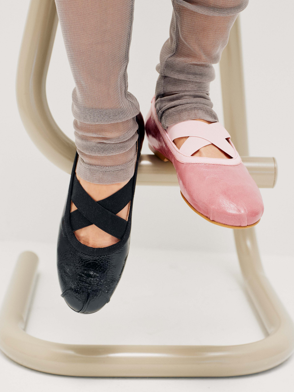 Glossy Black Round Toe Ballet Flats With Crossed Strap