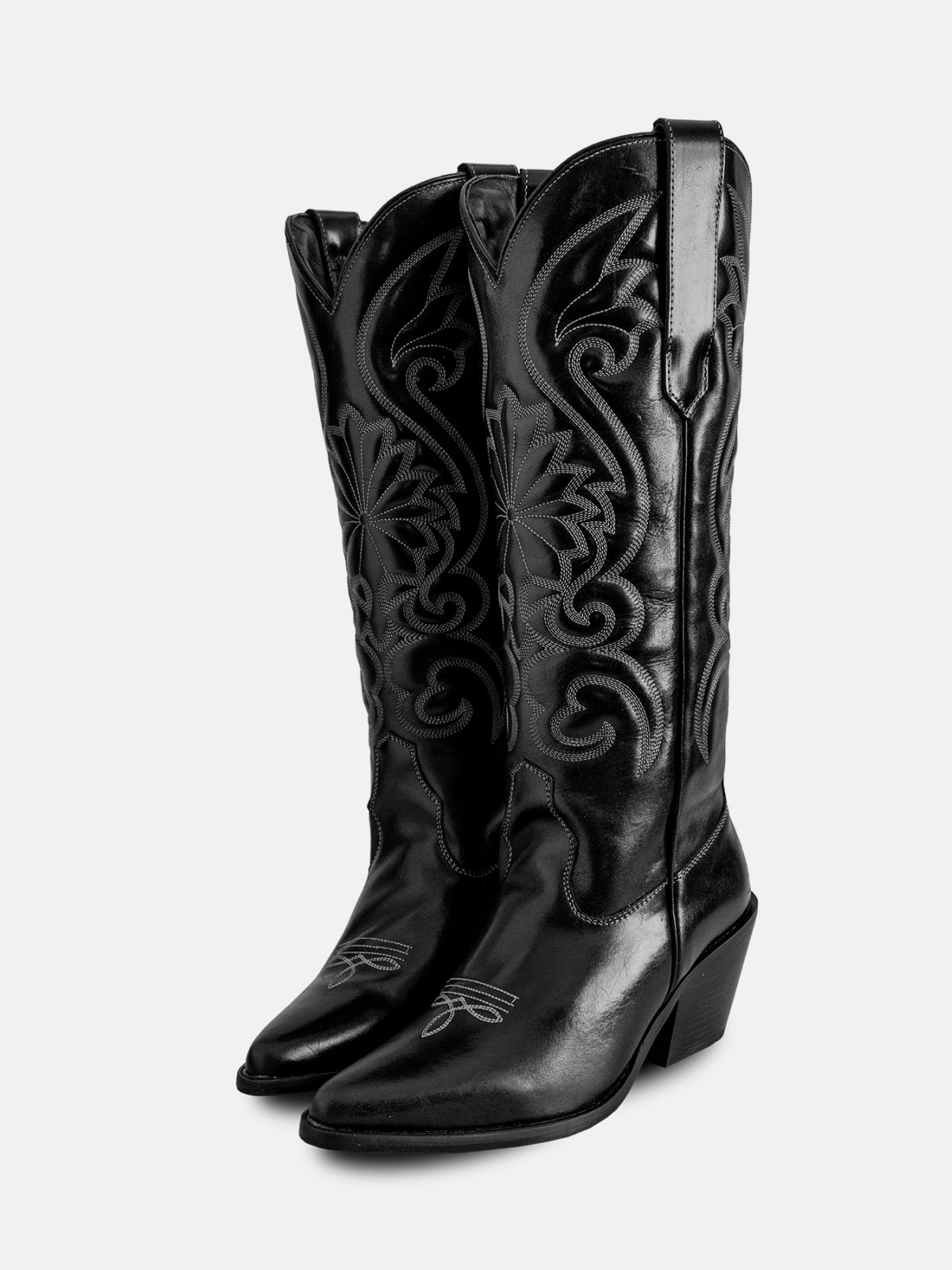 Fancy Embroidery Snip-Toe Wide Mid Calf Cowgirl Boots - Black