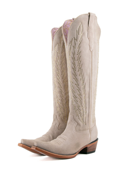 Light Sand Faux Suede Snip-Toe Embroidery Rhinestone Wide Calf Knee High Tall Cowgirl Boots