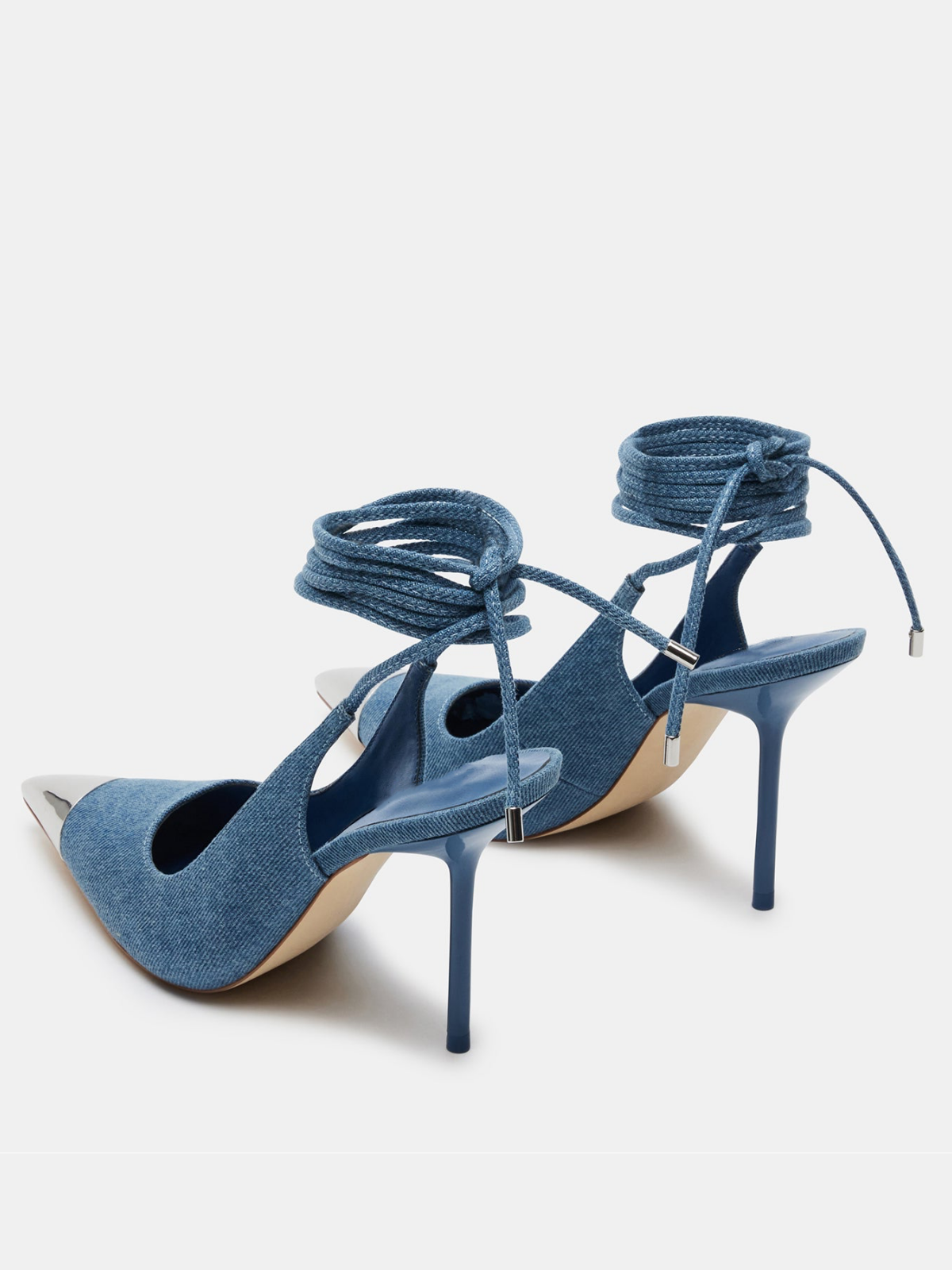 Blue Denim And Metal Steel Pointed-Toe Lace Up High Heels