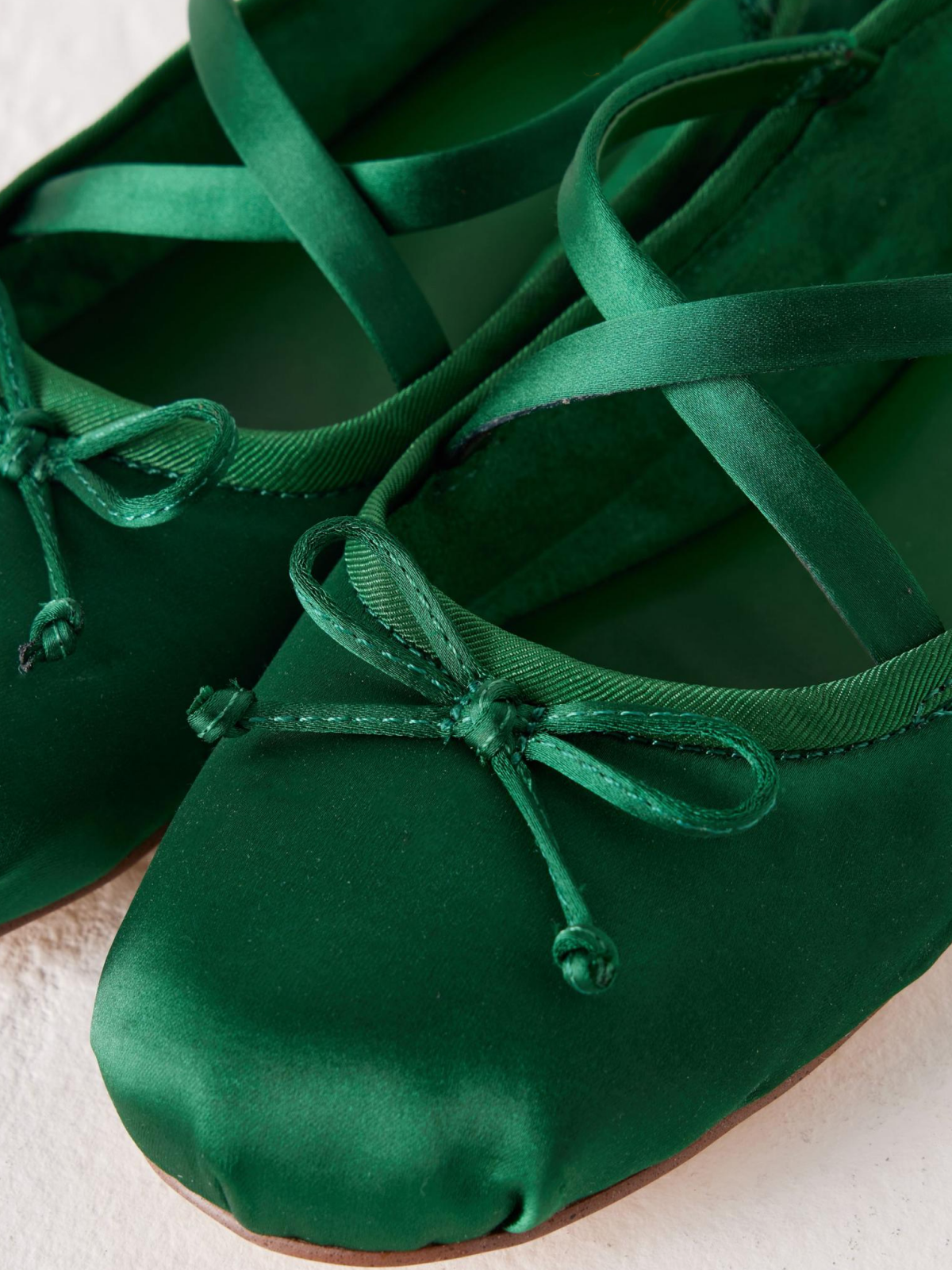 Satin Green Bow Ballerina Flats With Crossed Buckled Strap