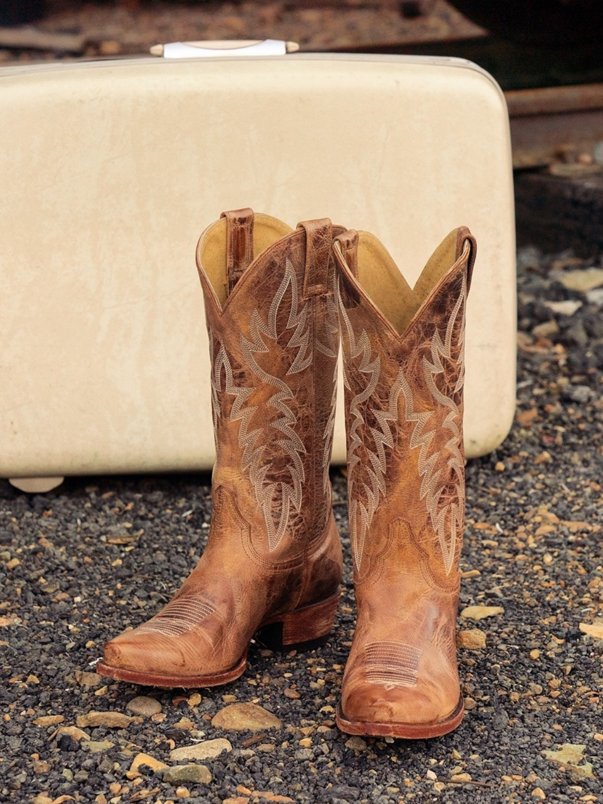 Distressed Classic Embroidery Snip-Toe Wide Mid Calf Tall Cowgirl Boots - Tan