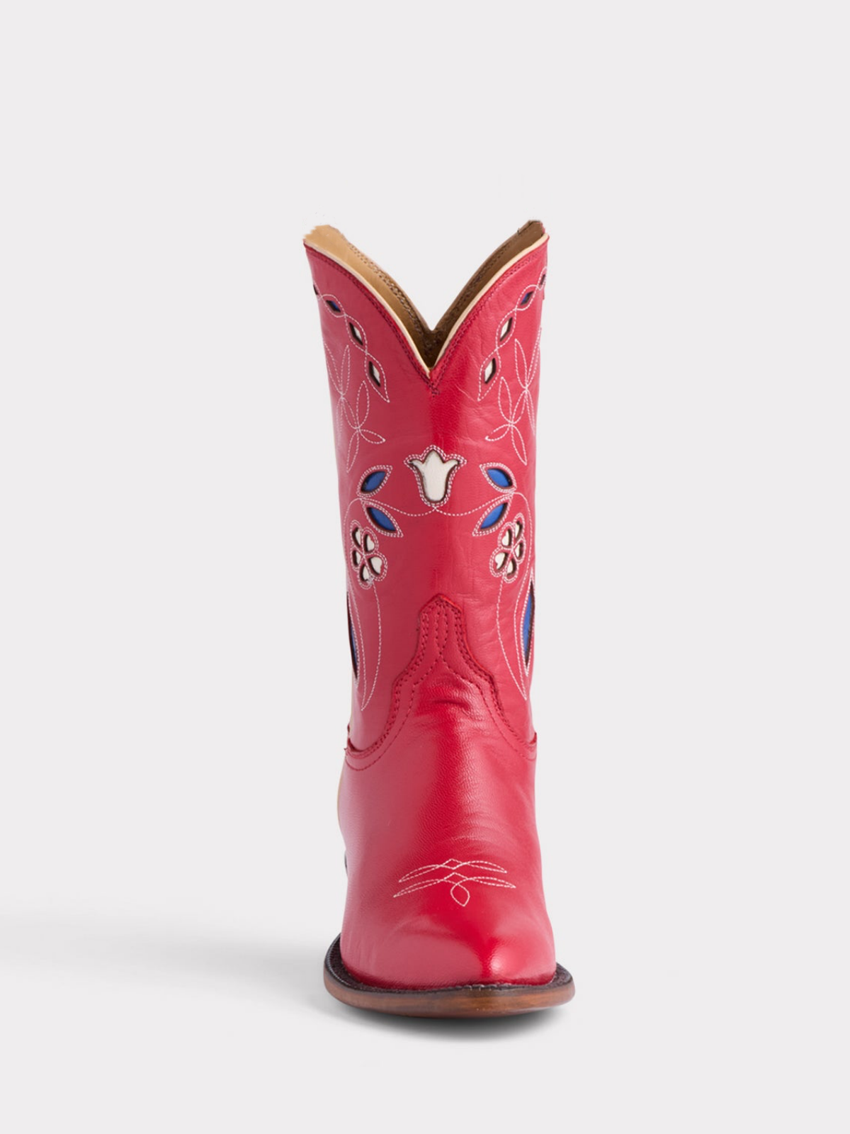 Cherry Red Pointed-Toe Embroidery Floral Inlay Wide Mid Calf Cowgirl Boots