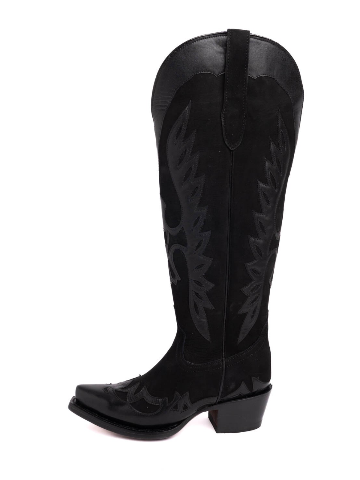 Black Faux Suede Snip-Toe Eagle Applique Half-Zip Knee High Tall Cowgirl Boots