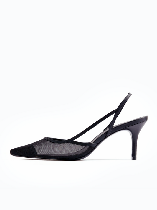 Black Cut-Out Asymmetry Pointy High Heel Slingback Pumps in Mesh & Vegan Leather