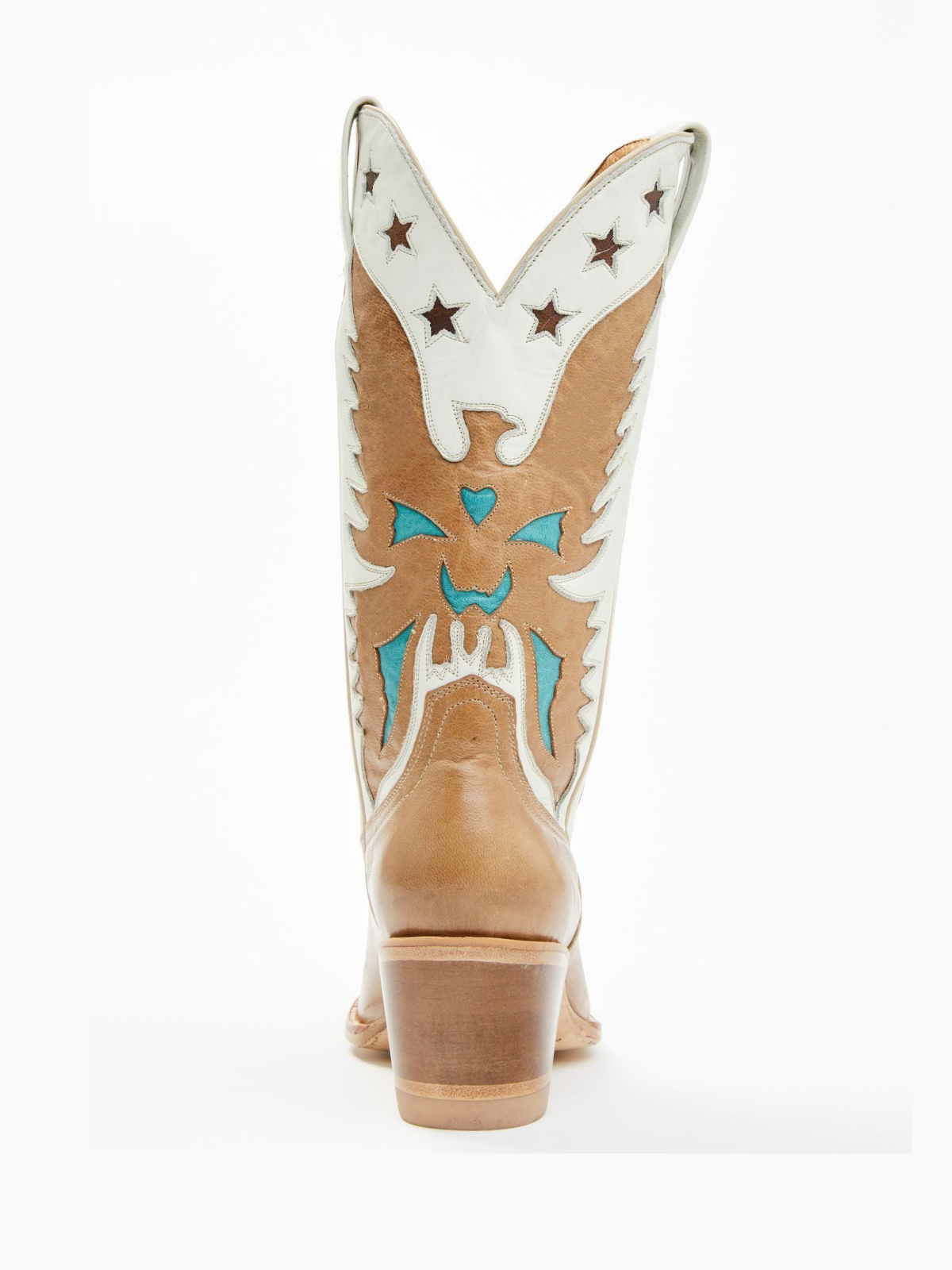 Contrast Tan And Ivory Pointed-Toe Eagle Star Inlay Wide Mid Calf Tall Cowgirl Boots