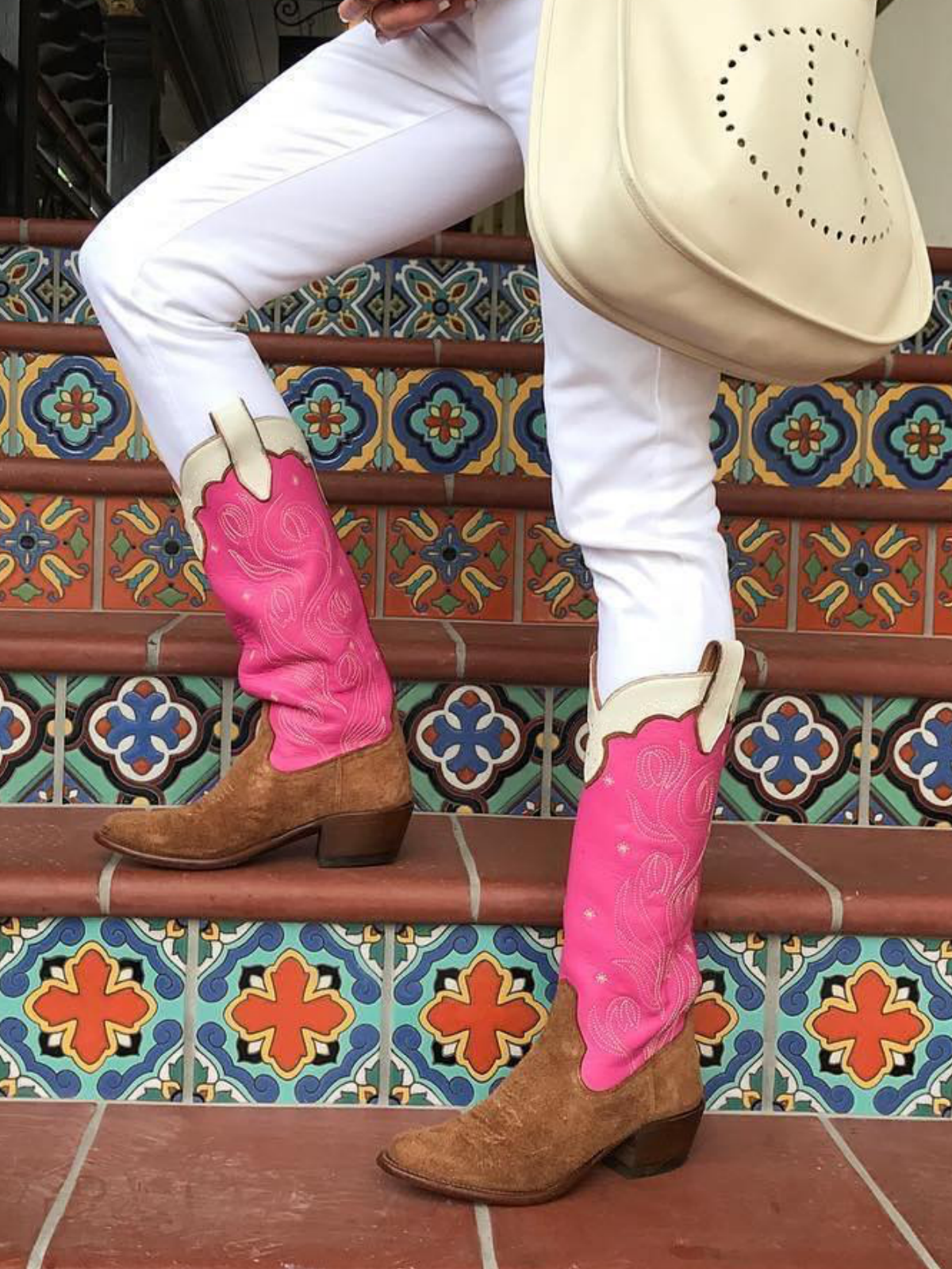 Contrast Brown Faux Suede And Pink Embroidery Almond-Toe Wide Mid Calf Tall Cowgirl Boots