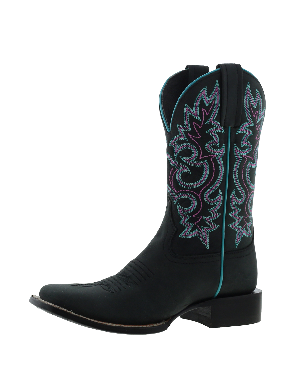 Black Almond-Toe Embroidery Wide Mid Calf Tall Western Boots For Women