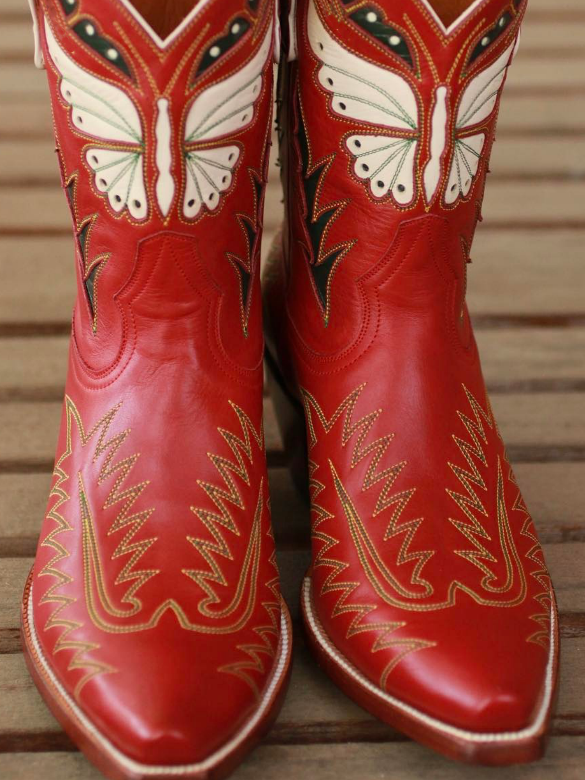 White Butterfly And Eagle Inlay Embroidery Snip-Toe Wide Mid Calf Cowgirl Boots In Red