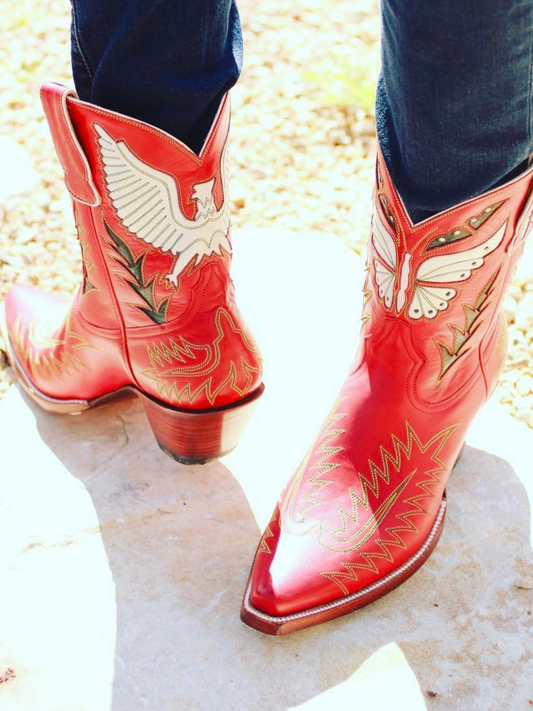 White Butterfly And Eagle Inlay Embroidery Snip-Toe Wide Mid Calf Cowgirl Boots In Red