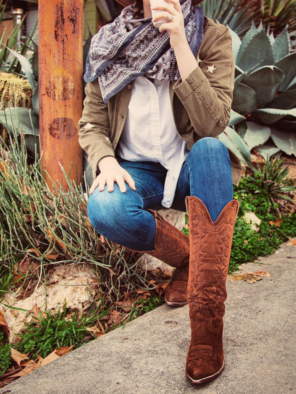 Brown Faux Suede Padded Embroidery Pointed-Toe Wide Mid Calf Tall Cowgirl Boots