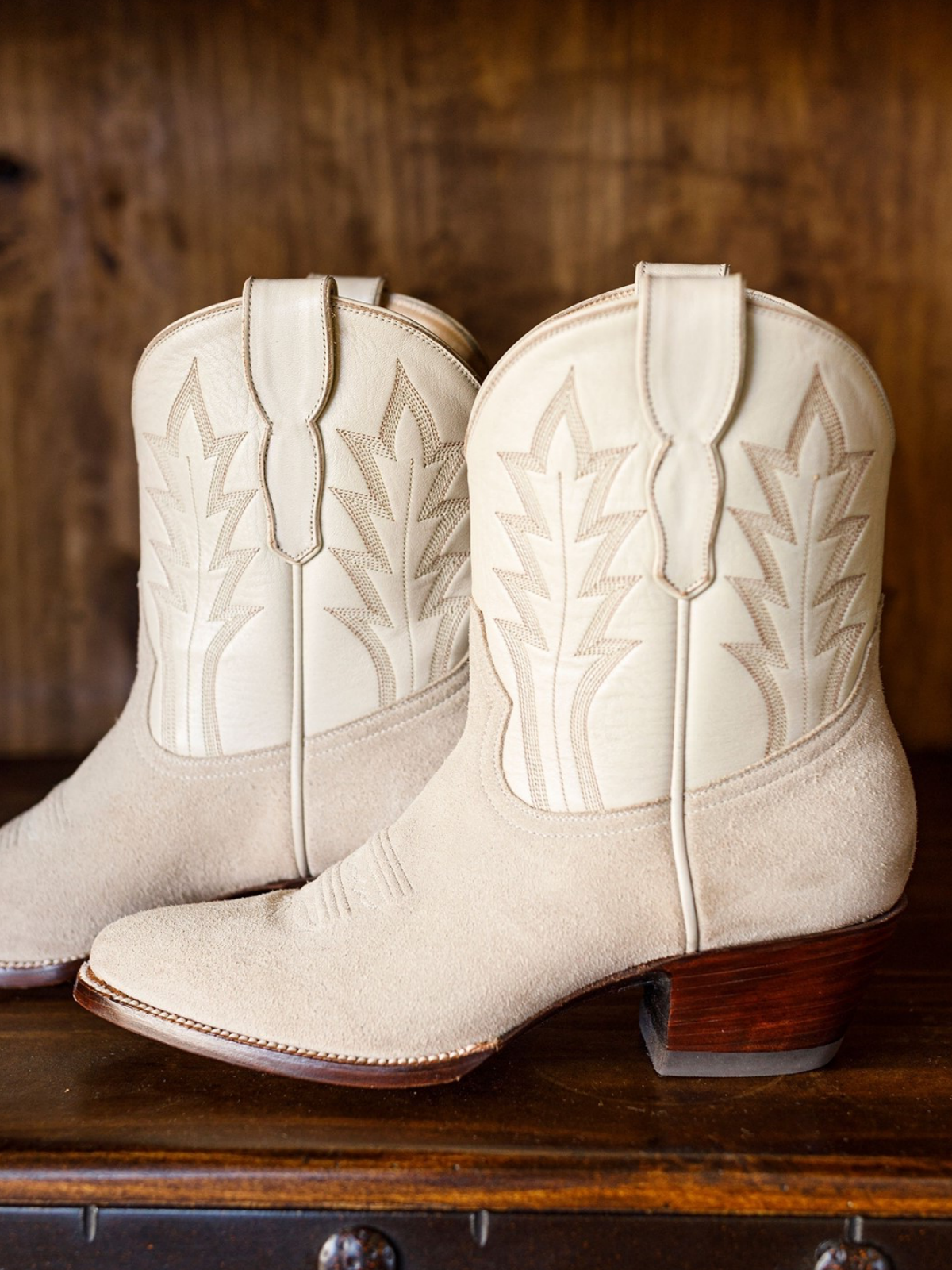 Contrast Tan Faux Suede And Ivory Almond-Toe Embroidery Wide Mid Calf Western Boots