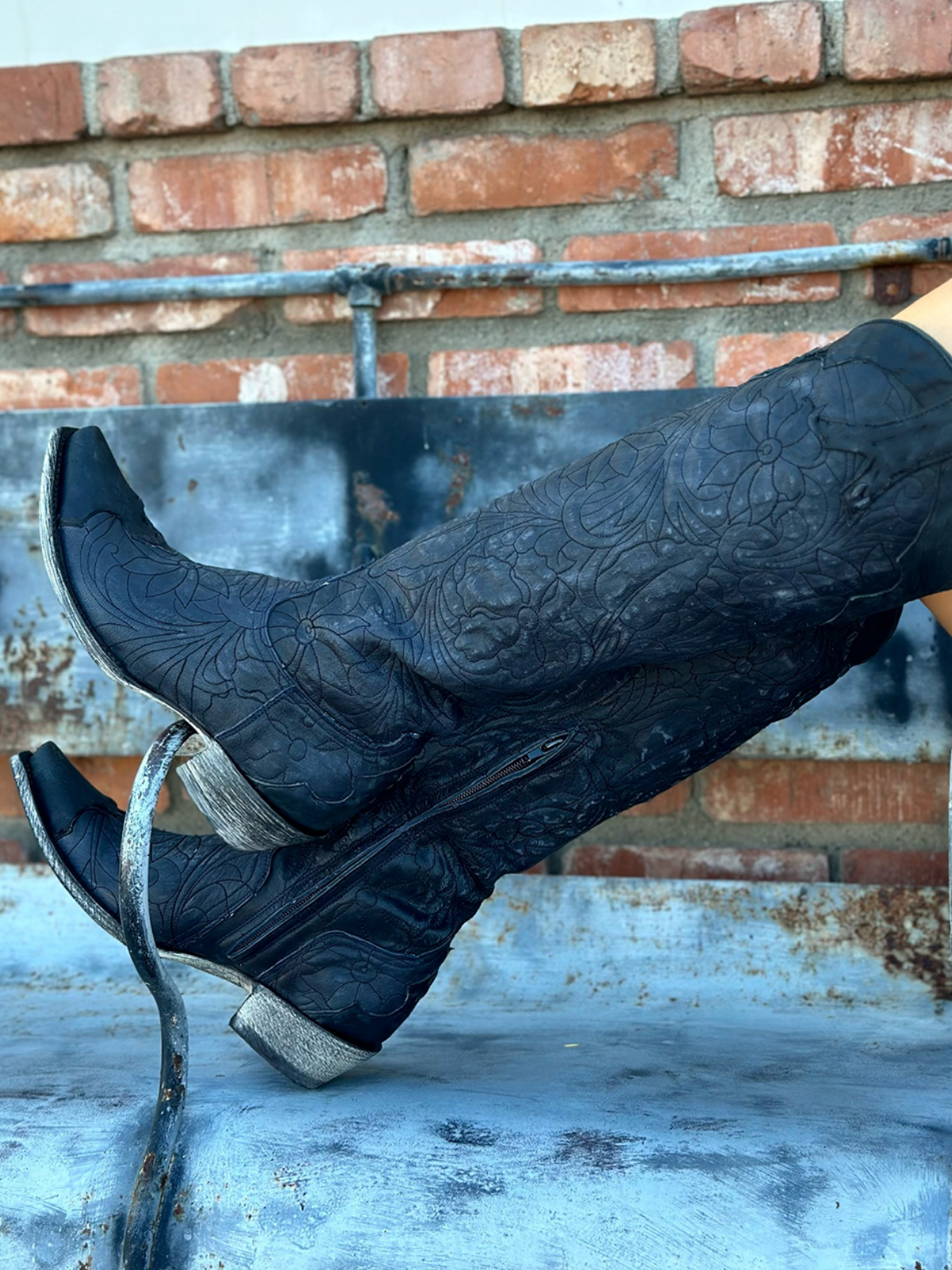 Distressed Navy Snip-Toe Flower Embroidery Toebox Applique Half-Zip Tall Knee High Cowgirl Boots