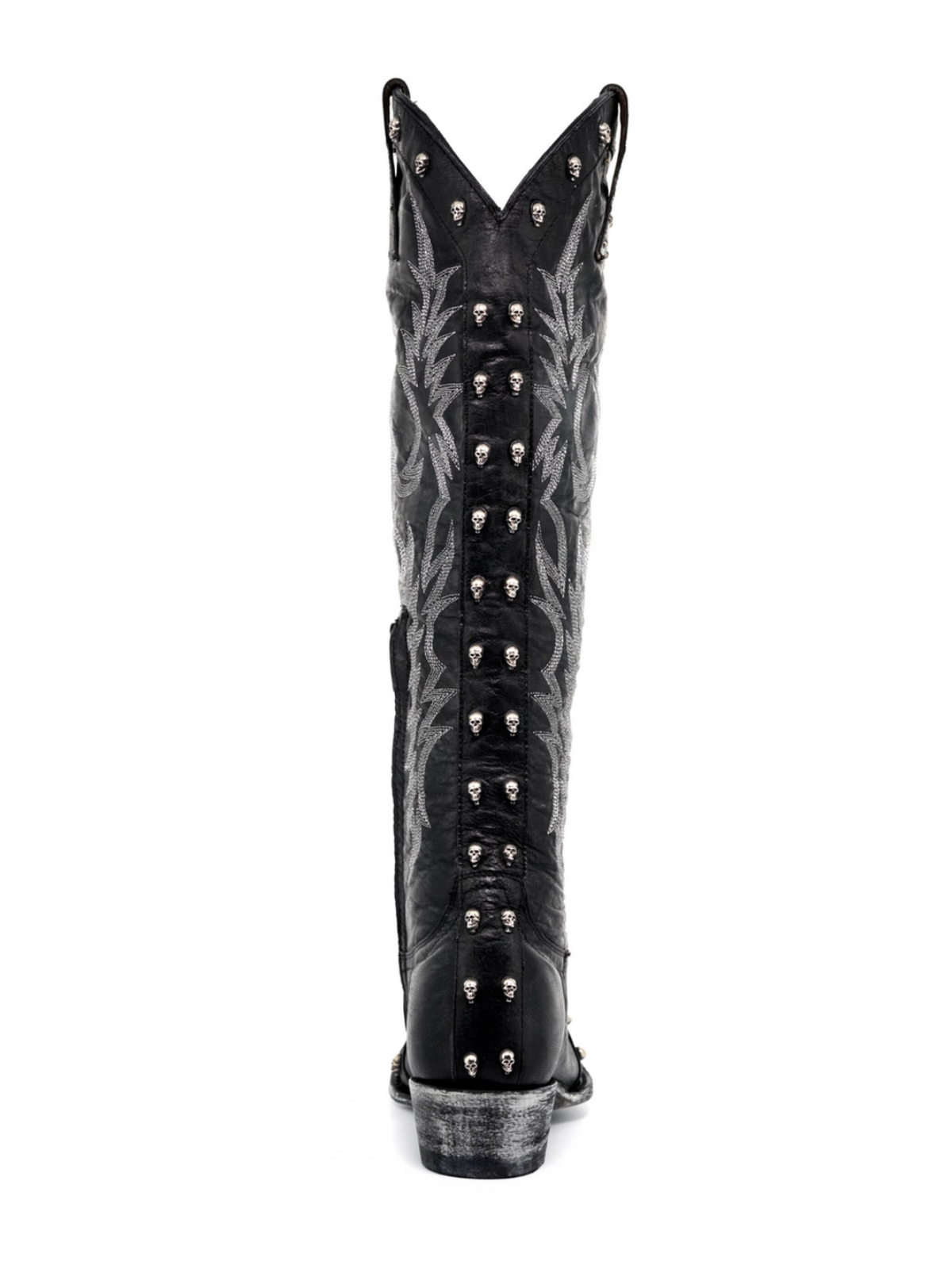 Black Snip-Toe Studded Embroidery Skull Applique Half-Zip Tall Knee High Cowgirl Boots