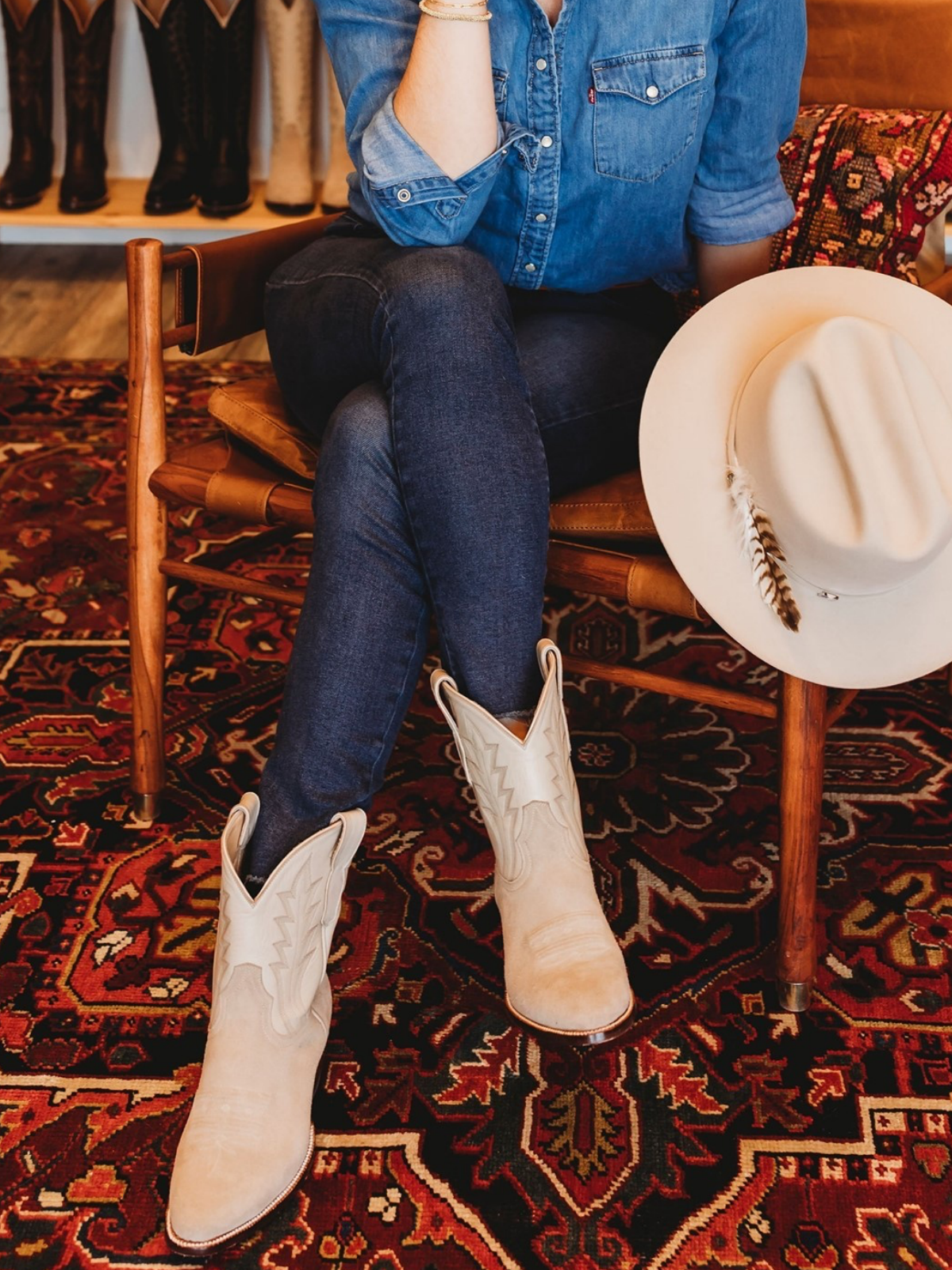 Contrast Tan Faux Suede And Ivory Almond-Toe Embroidery Wide Mid Calf Western Boots