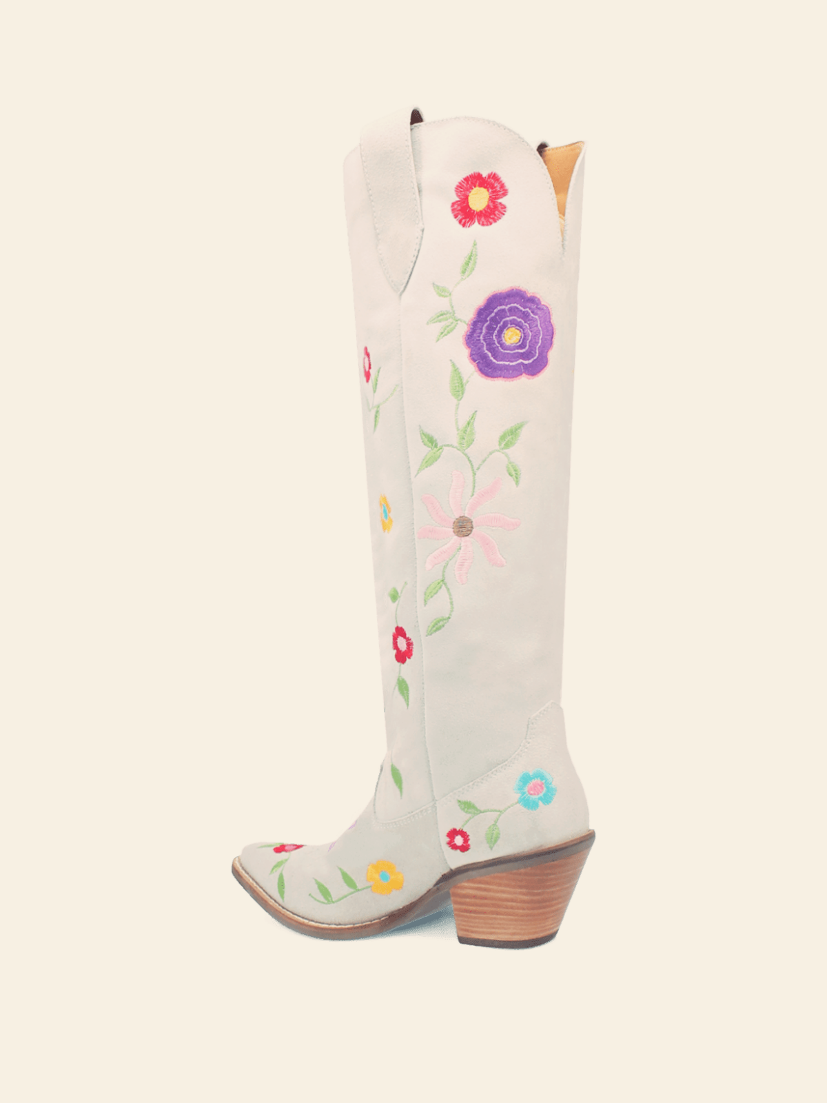 White Flower Embroidery Faux Suede Wide Mid Calf Tall Cowgirl Western Boots