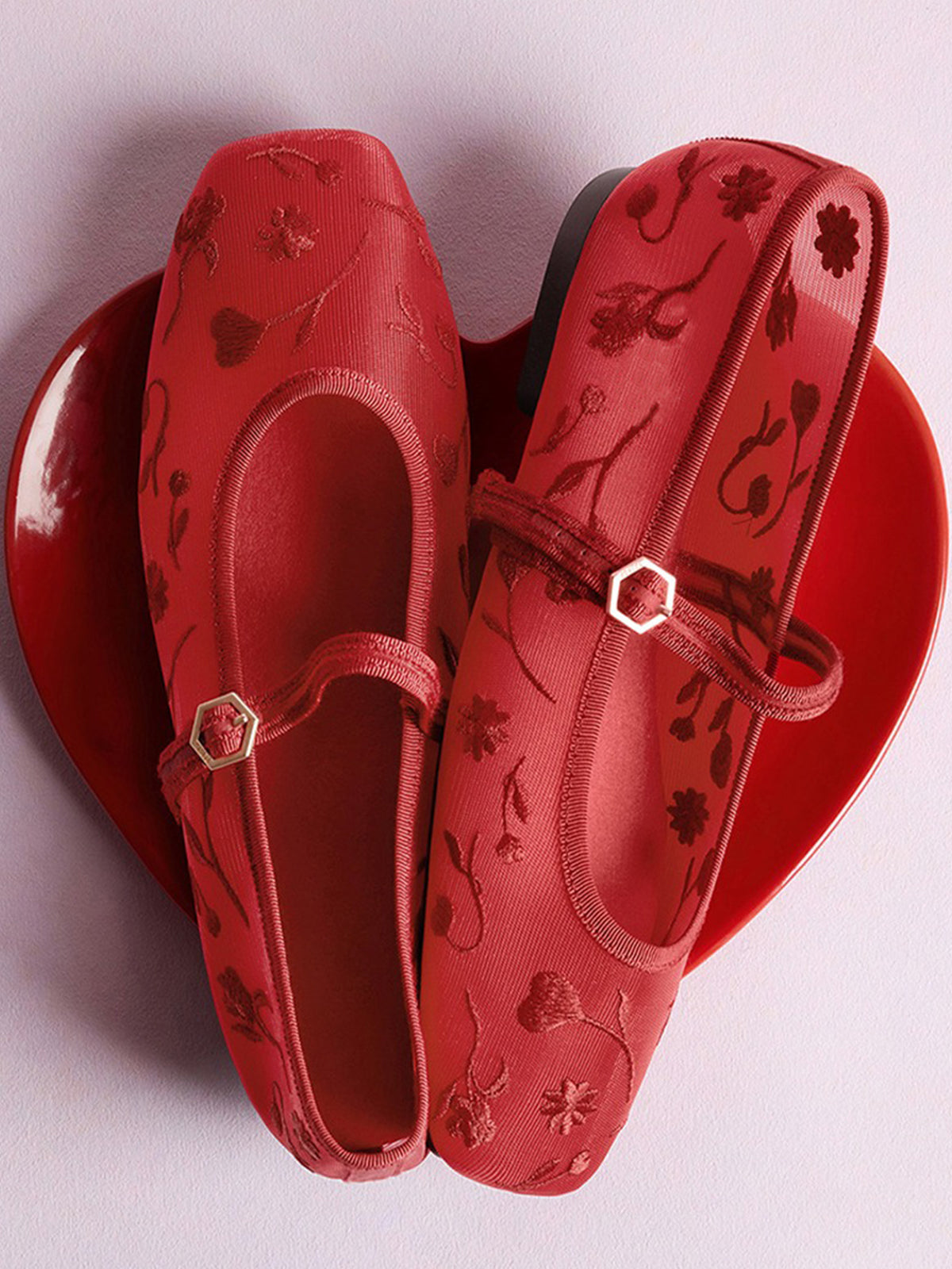 Mesh And Satin Square-Toe Floral Embroidery Mary Jane Flats - Red
