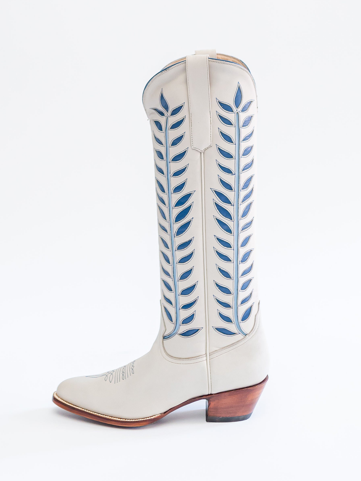 Almond-Toe Blue Leaves Inlay Wide Calf Tall Knee High Cowgirl Boots - Ivory