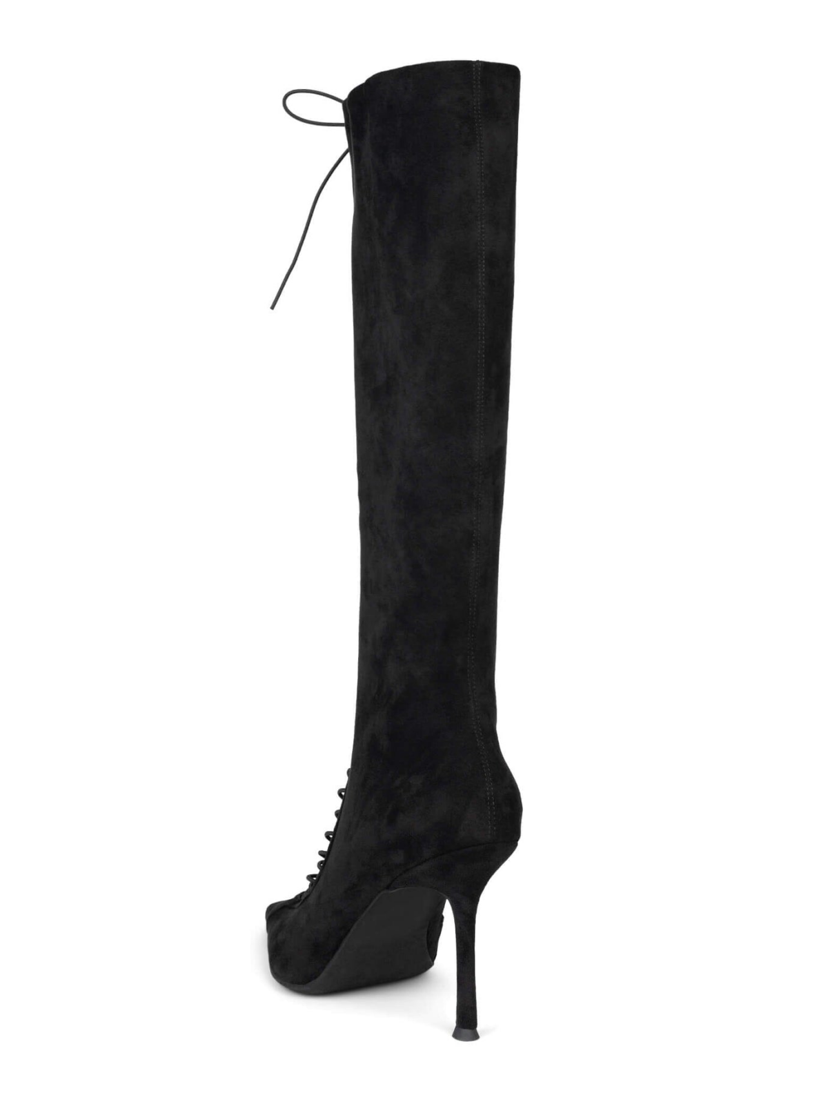 Black Faux Suede Full-Zip Pointed-Toe Mid Calf Stiletto Boots With Lace-Up