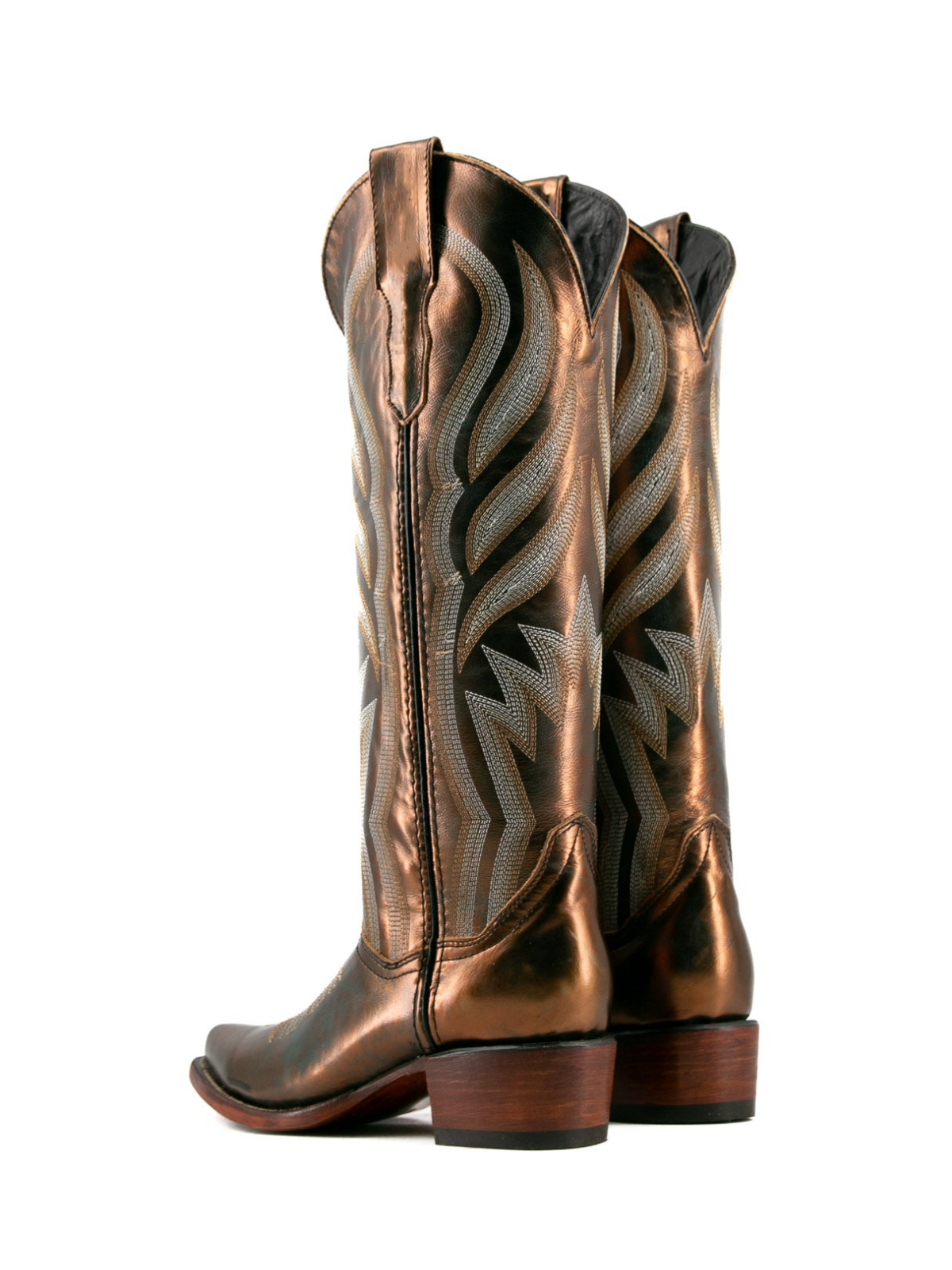 Metallic Bronze Snip-Toe Embroidery Wide Calf Tall Knee High Cowgirl Boots