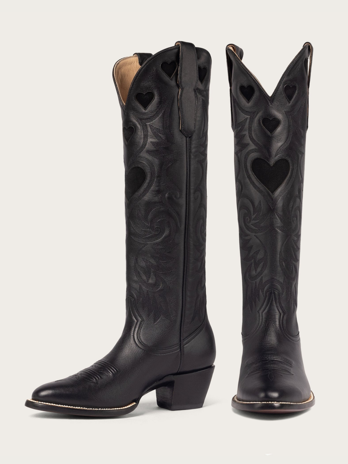 Black Faux Suede Heart Inlay Embroidery Almond-Toe Tall Wide Mid Calf Cowgirl Boots - Black