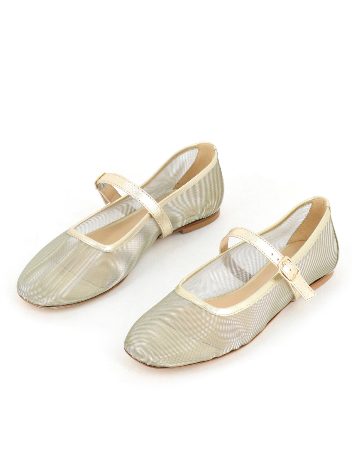 Metallic Round-Toe Ballet Flats Mary Janes with Adjustable Strap in Gold Mesh